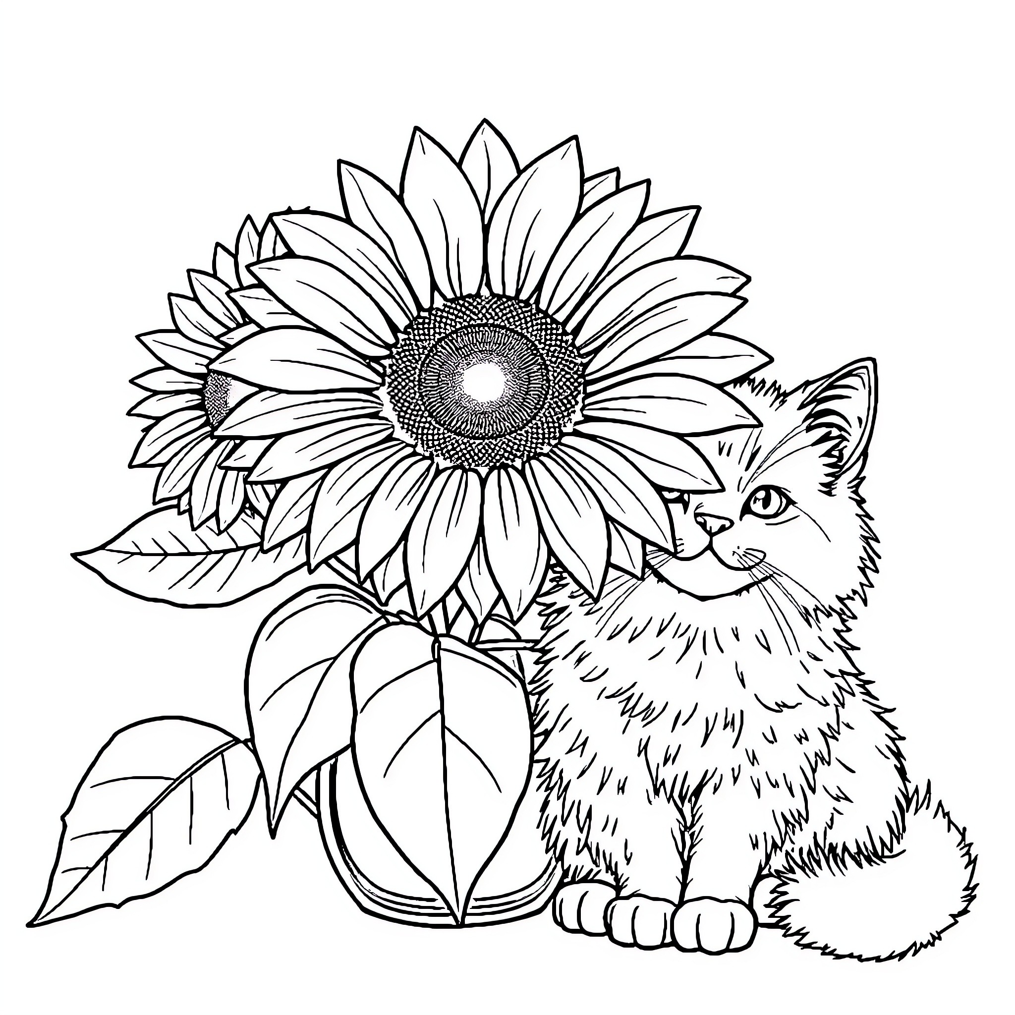 Sunflower and Kitten in Vase Coloring Page (free black-and-white line drawing printable PDF for all, from beginners to advanced learners, including children, teens, adults, and seniors)