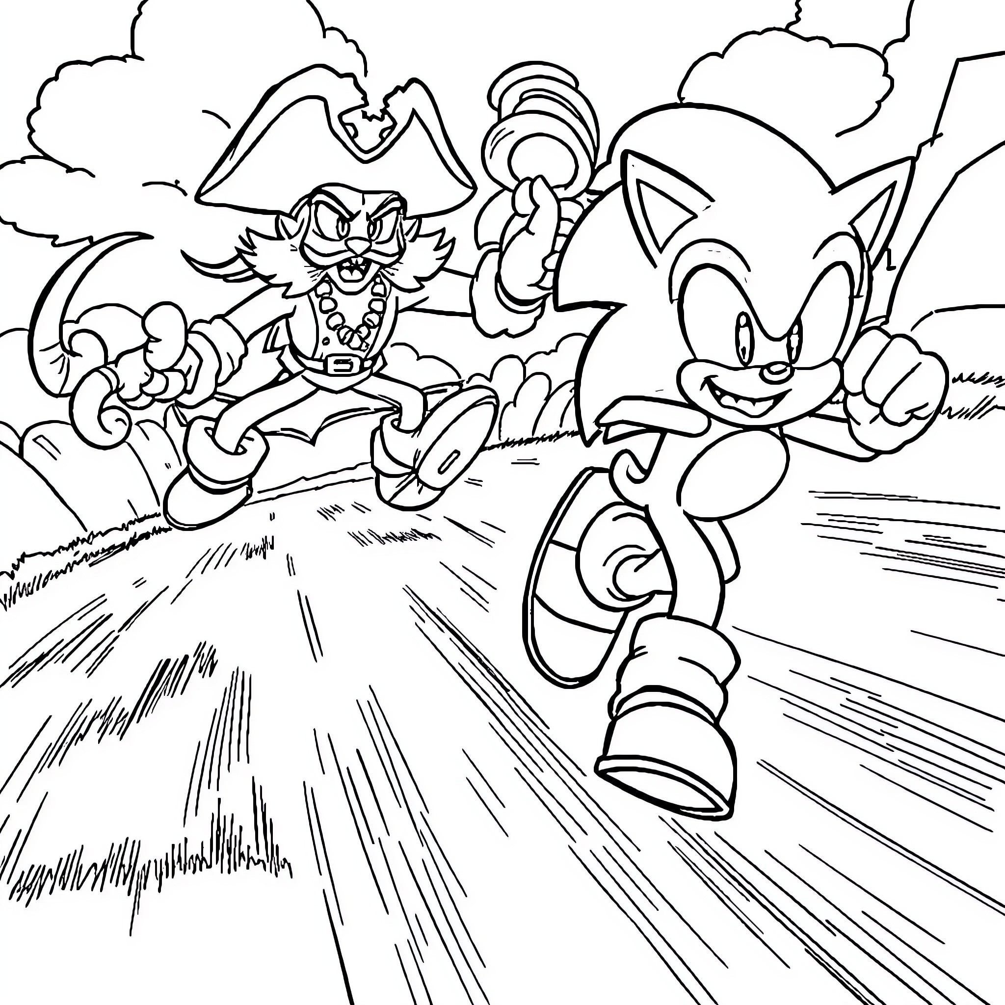 Sonic and Friends Racing Through the Countryside Coloring Page (free black-and-white line drawing printable PDF for all, from beginners to advanced learners, including children, teens, adults, and seniors)