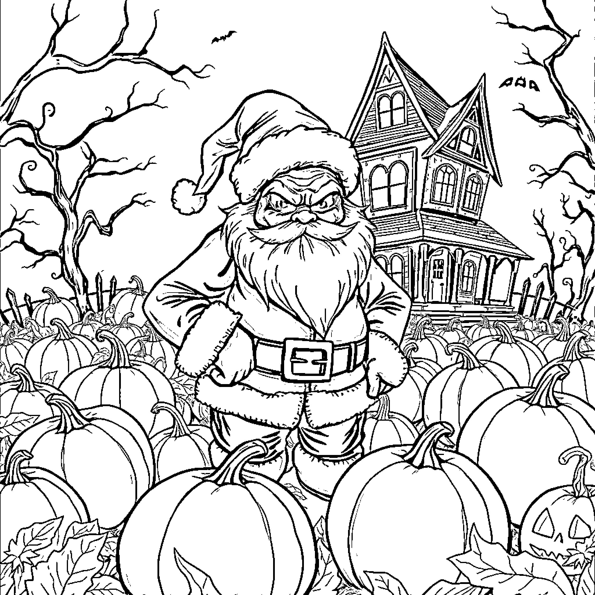 Santa Claus Exploring a Haunted House on Halloween Coloring Page (free black-and-white line drawing printable PDF for all, from beginners to advanced learners, including children, teens, adults, and seniors)