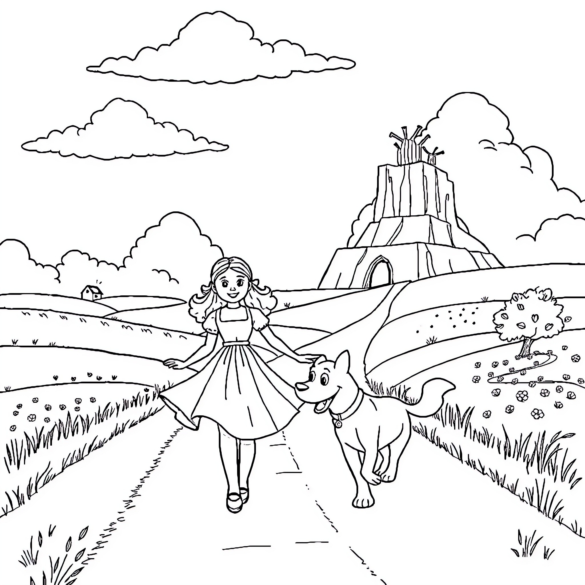 Dorothy's Whimsical Adventure with Her Canine Companion Coloring Page (free black-and-white line drawing printable PDF for all, from beginners to advanced learners, including children, teens, adults, and seniors)