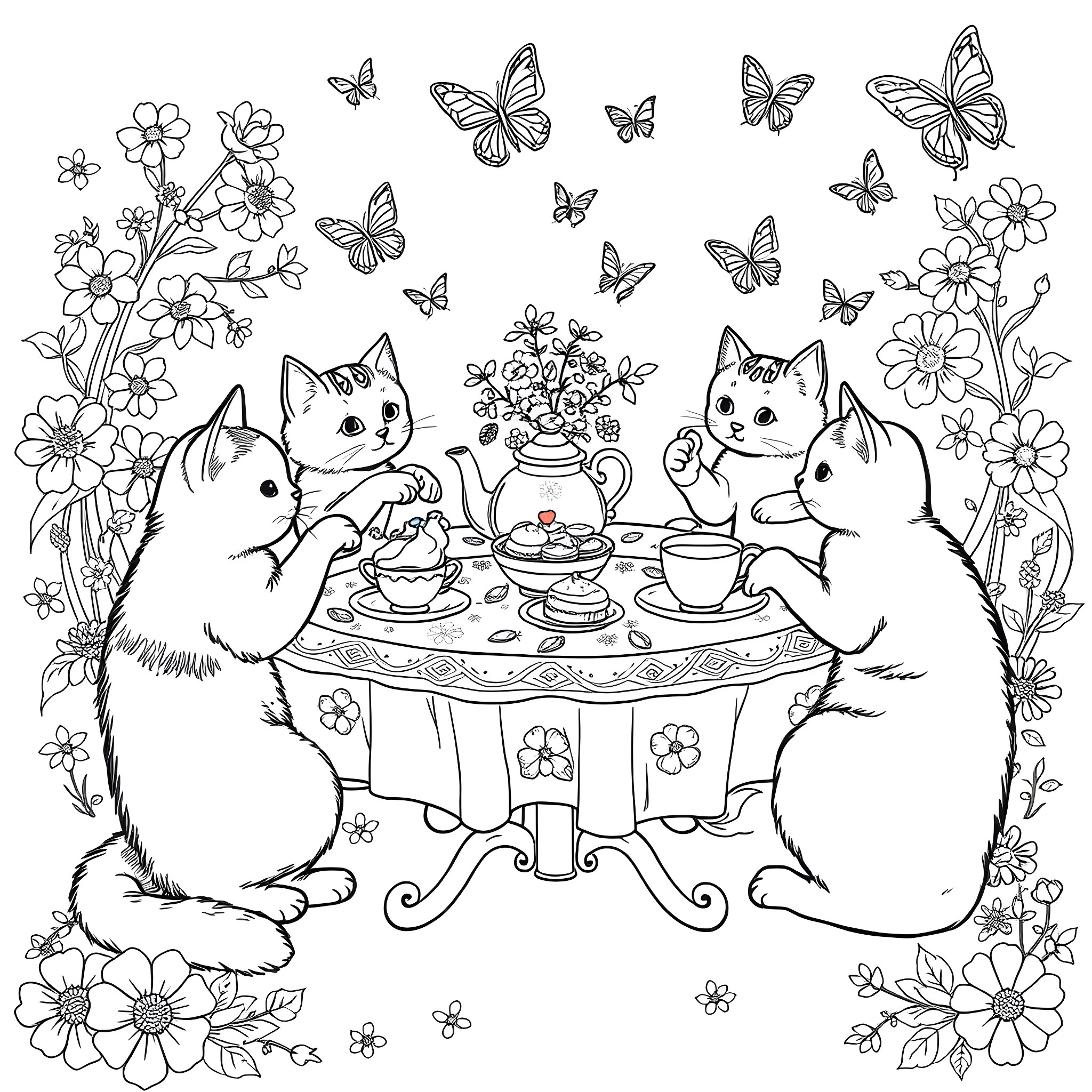 Cats enjoying a tea party with butterflies Coloring Page (free black-and-white line drawing printable PDF for all, from beginners to advanced learners, including children, teens, adults, and seniors)