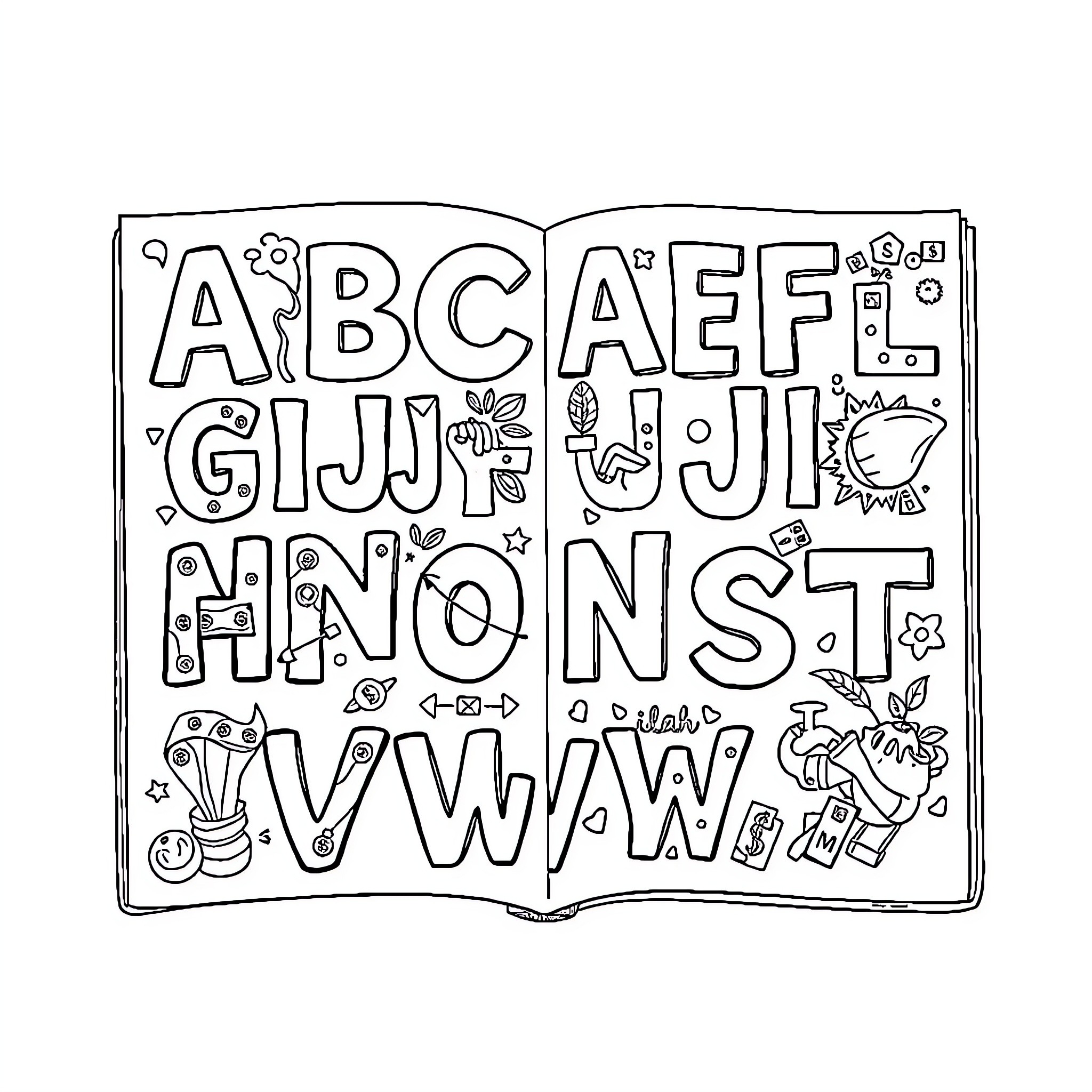 Alphabet Worksheet with Doodles and Illustrations Coloring Page (free black-and-white line drawing printable PDF for all, from beginners to advanced learners, including children, teens, adults, and seniors)