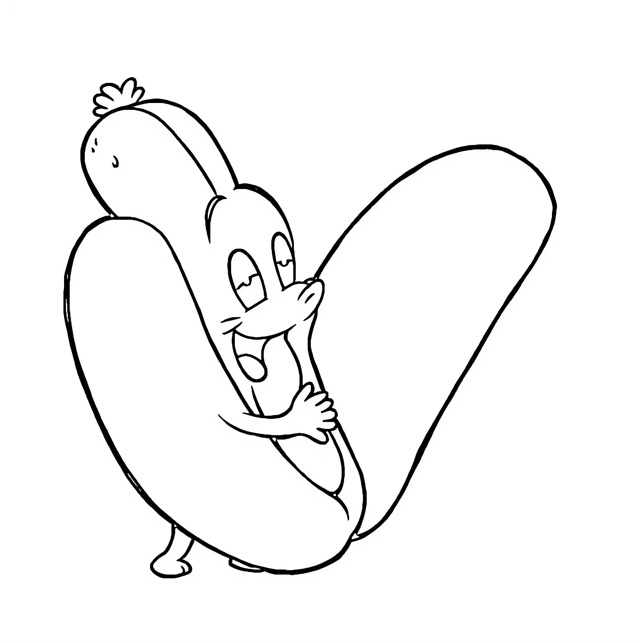 Hotdog character dancing happily Coloring Page (free black-and-white line drawing printable PDF for all, from beginners to advanced learners, including children, teens, adults, and seniors)