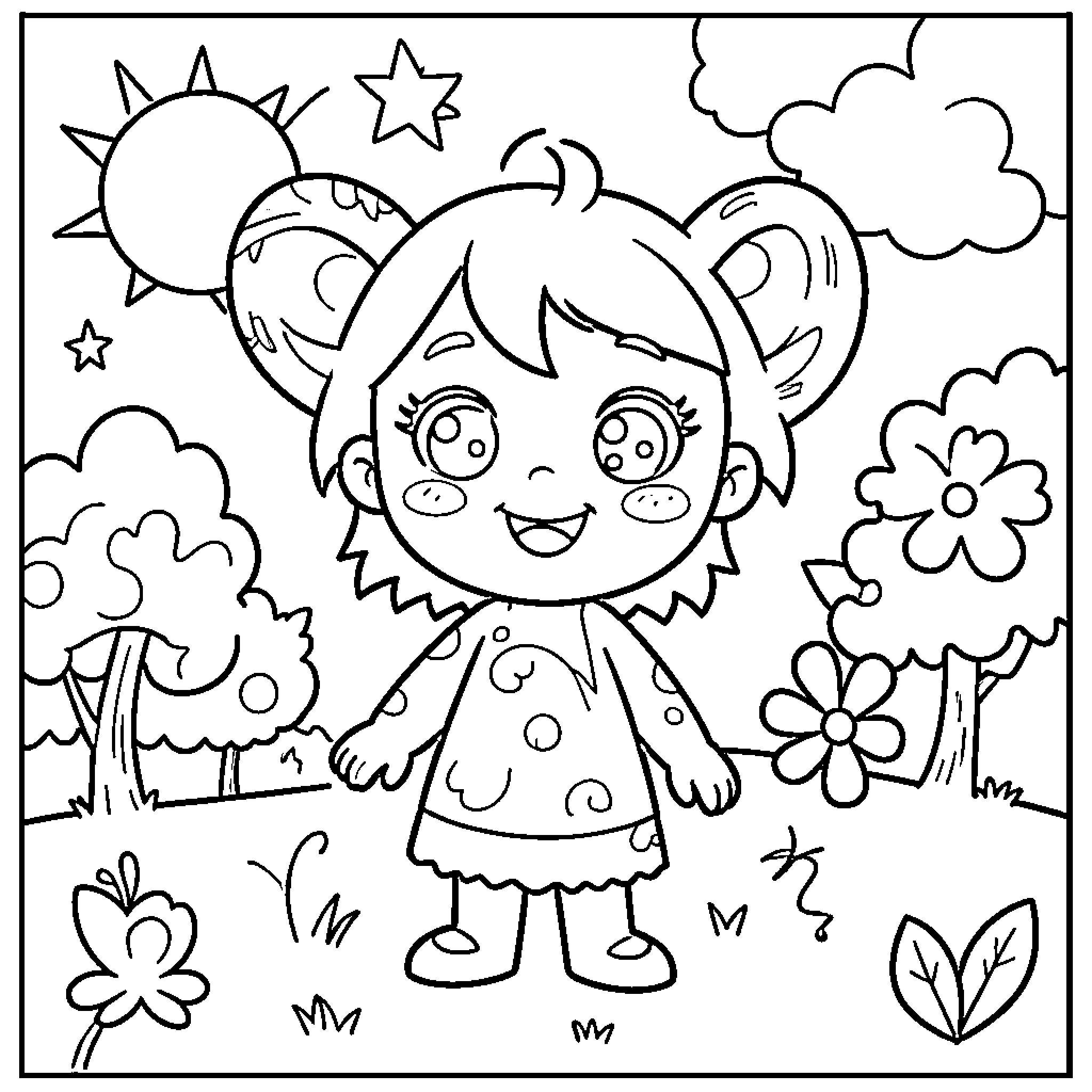 Drawing of a girl in a playful outdoor scene Coloring Page (free black-and-white line drawing printable PDF for all, from beginners to advanced learners, including children, teens, adults, and seniors)