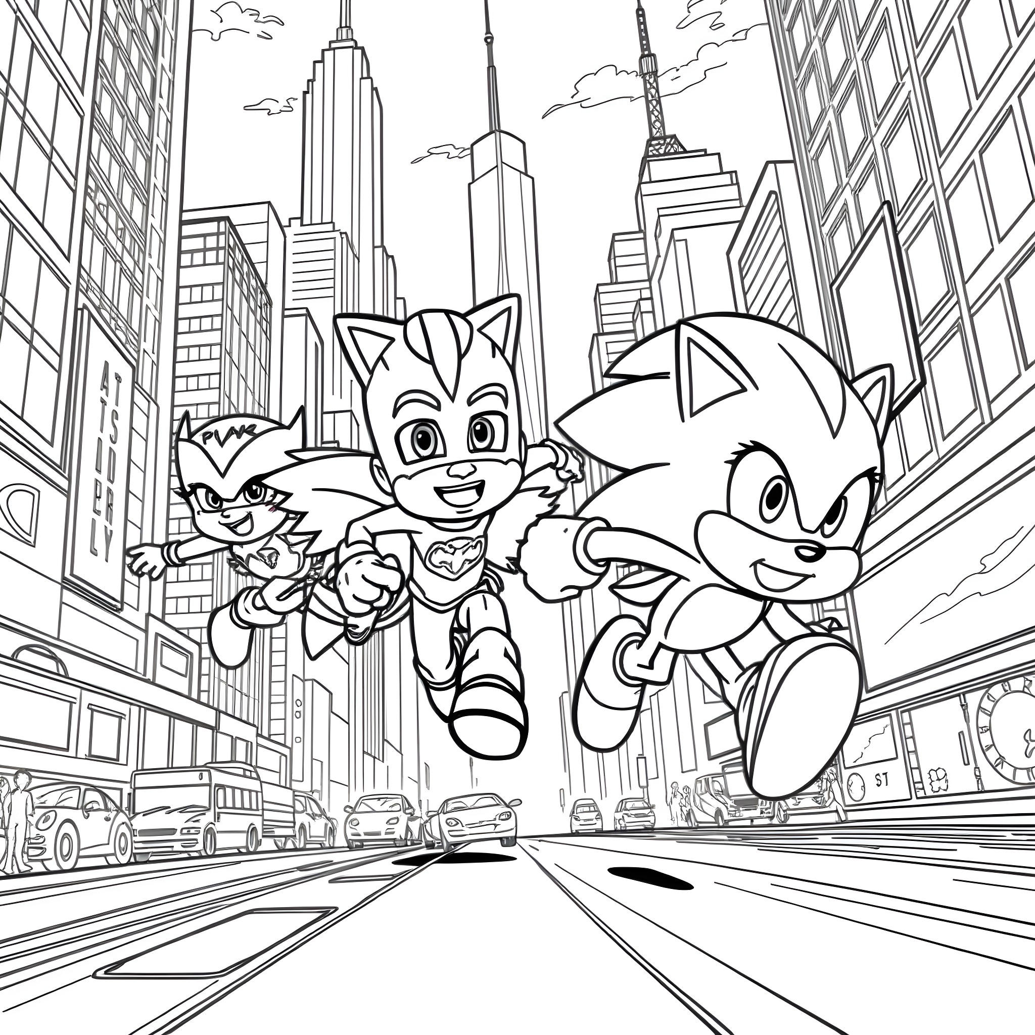 Pj Masks characters exploring the city skyline Coloring Page (free black-and-white line drawing printable PDF for all, from beginners to advanced learners, including children, teens, adults, and seniors)
