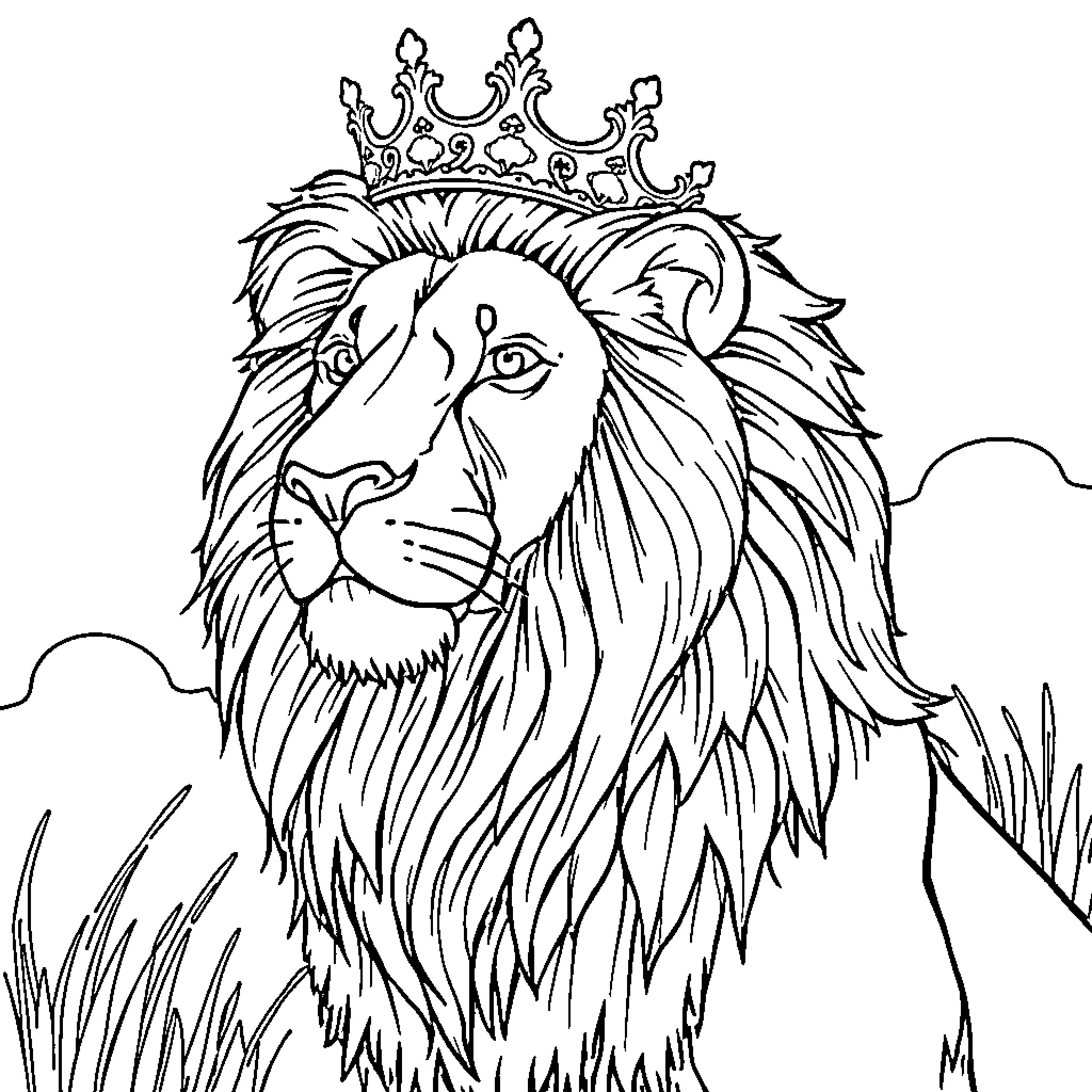 Lion with majestic crown in natural setting Coloring Page (free black-and-white line drawing printable PDF for all, from beginners to advanced learners, including children, teens, adults, and seniors)