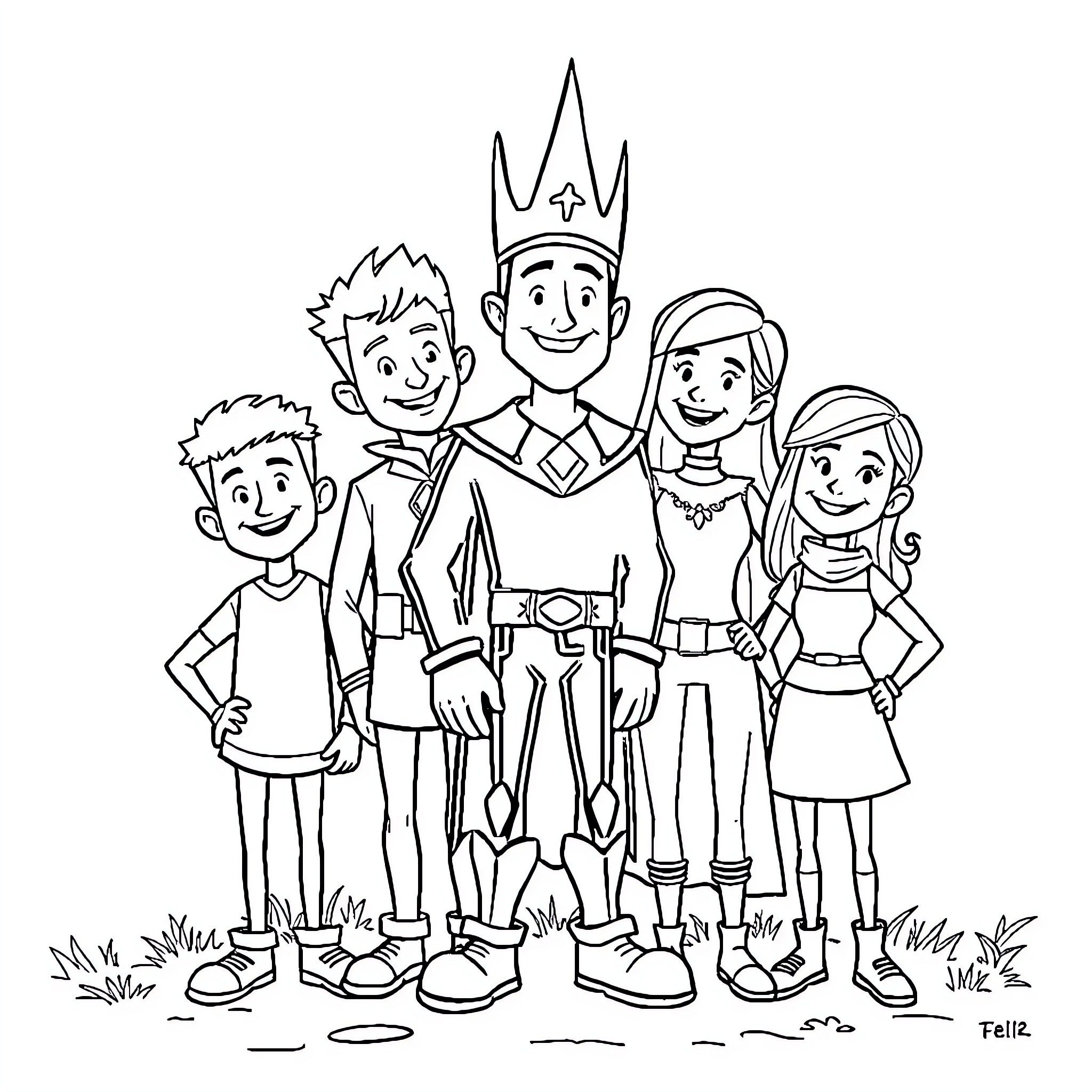 Spireman and his family in a whimsical scene Coloring Page (free black-and-white line drawing printable PDF for all, from beginners to advanced learners, including children, teens, adults, and seniors)