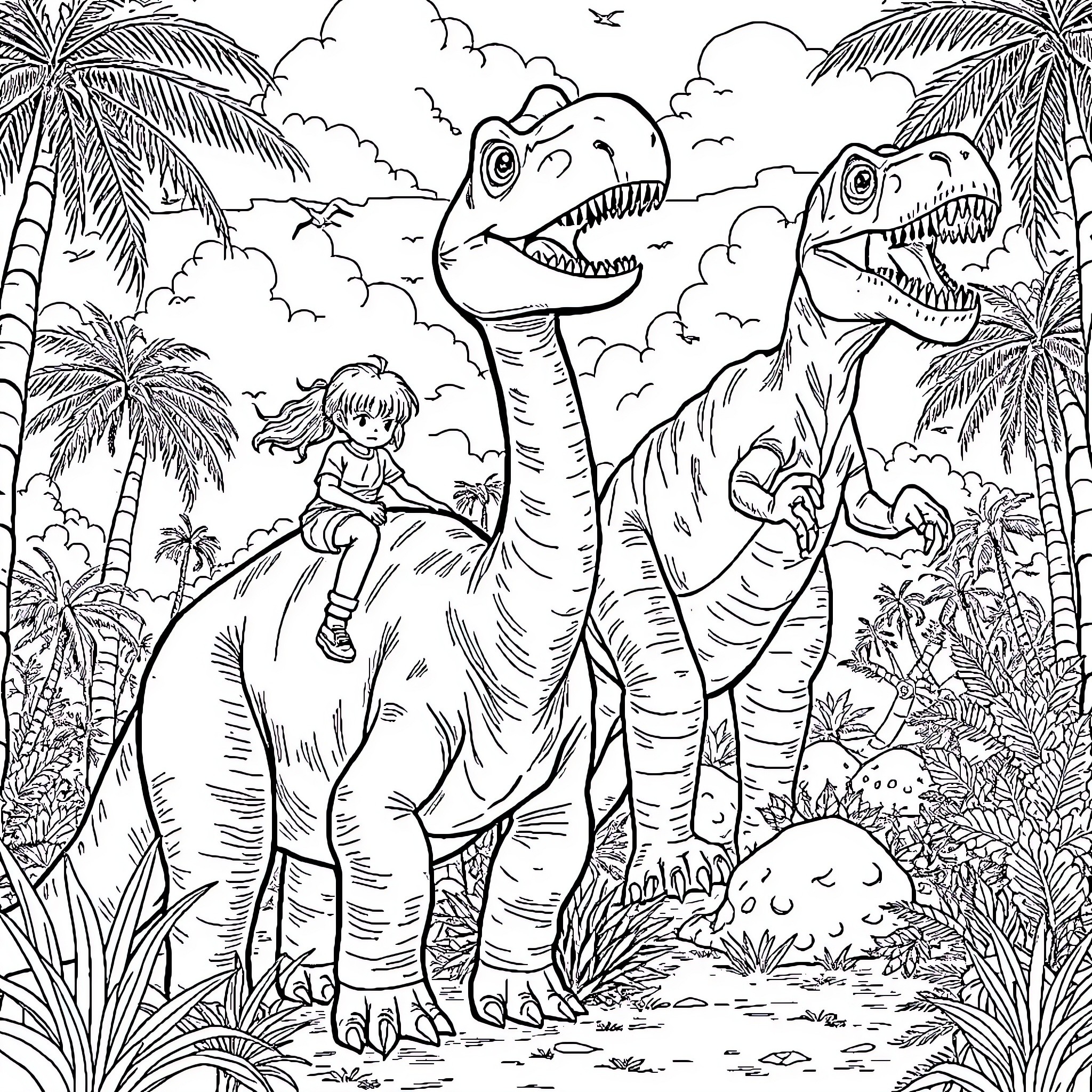Dinosaur girl exploring the prehistoric jungle Coloring Page (free black-and-white line drawing printable PDF for all, from beginners to advanced learners, including children, teens, adults, and seniors)