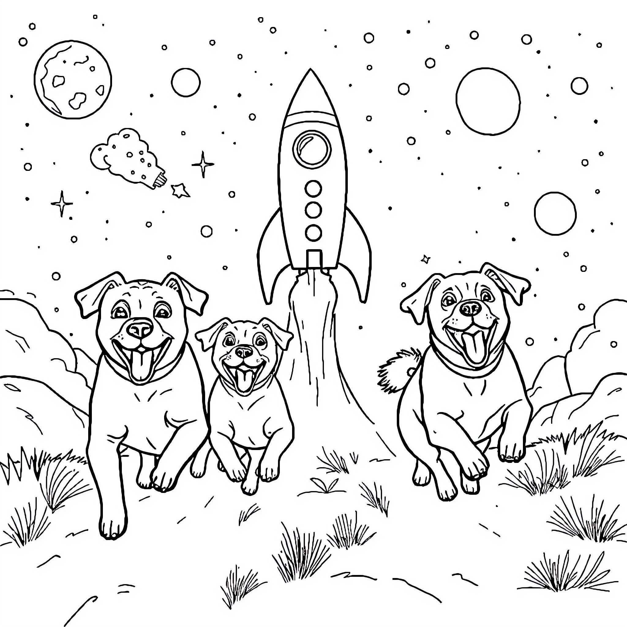 Dogs watching a rocket launch in space Coloring Page (free black-and-white line drawing printable PDF for all, from beginners to advanced learners, including children, teens, adults, and seniors)