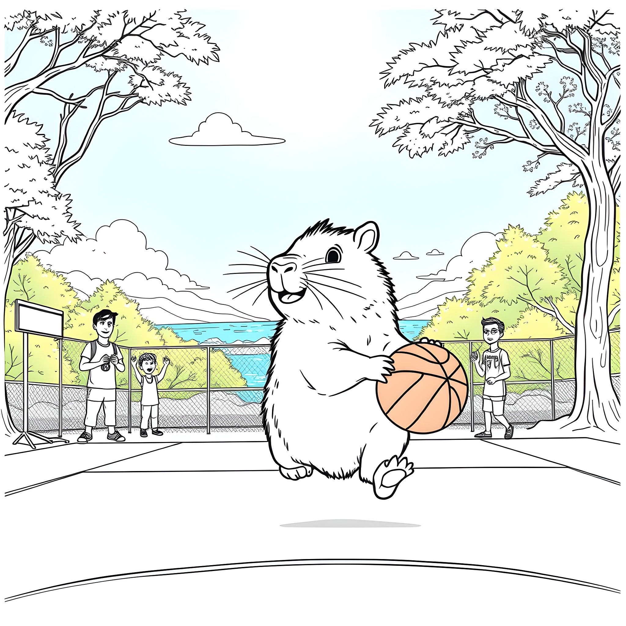 Capybara playing basketball with children in the park Coloring Page (free black-and-white line drawing printable PDF for all, from beginners to advanced learners, including children, teens, adults, and seniors)