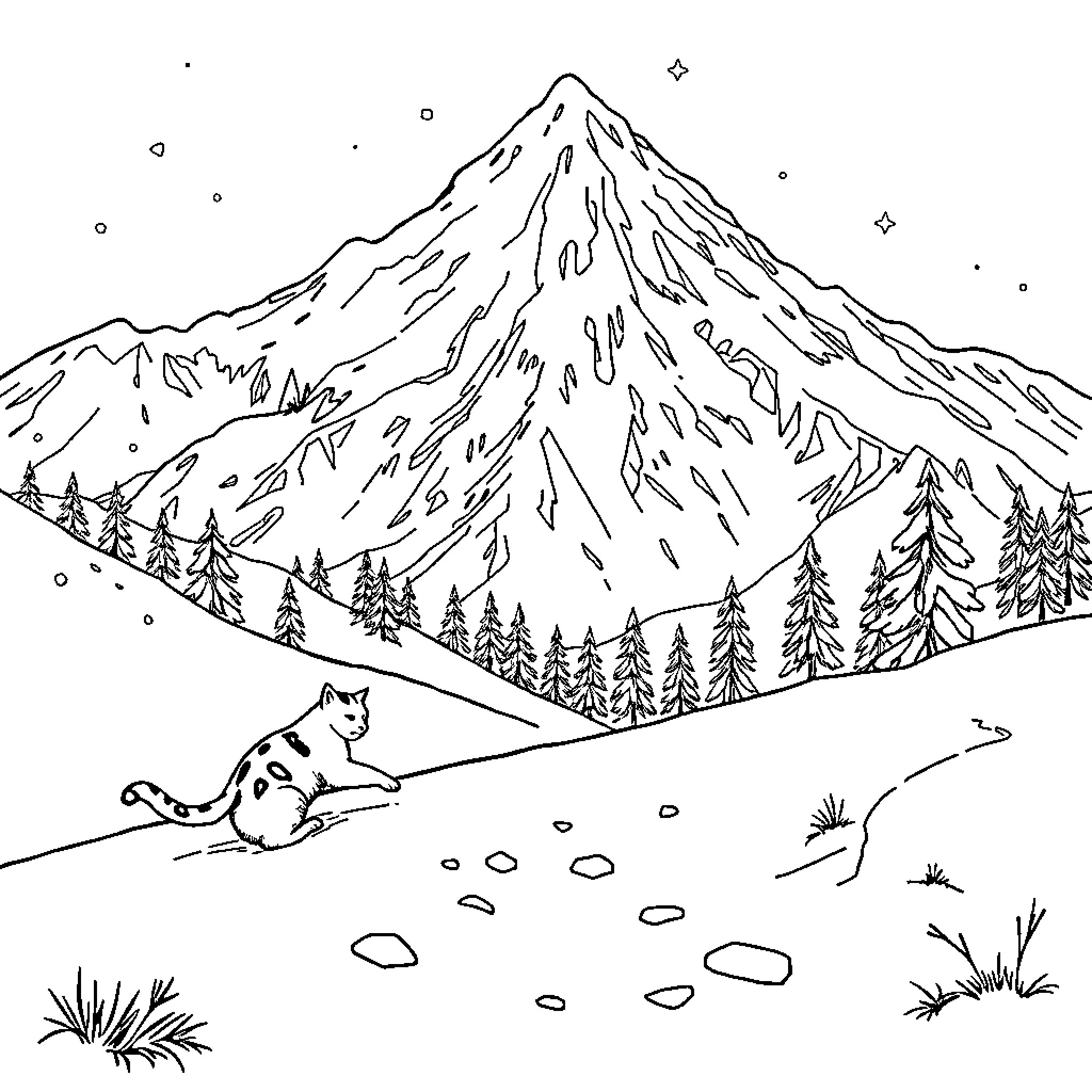 Cat exploring snowy mountain landscape Coloring Page (free black-and-white line drawing printable PDF for all, from beginners to advanced learners, including children, teens, adults, and seniors)