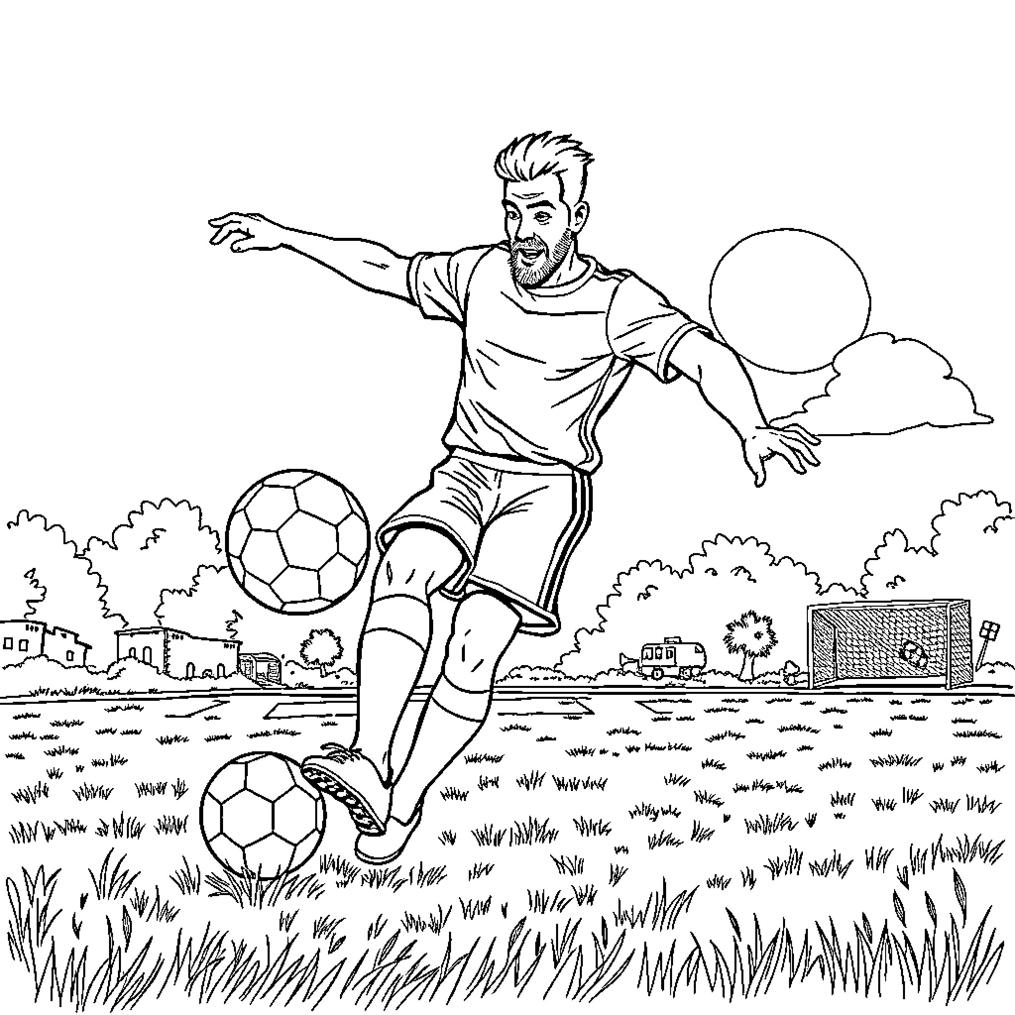 Barman energetically kicks soccer ball on field Coloring Page (free black-and-white line drawing printable PDF for all, from beginners to advanced learners, including children, teens, adults, and seniors)