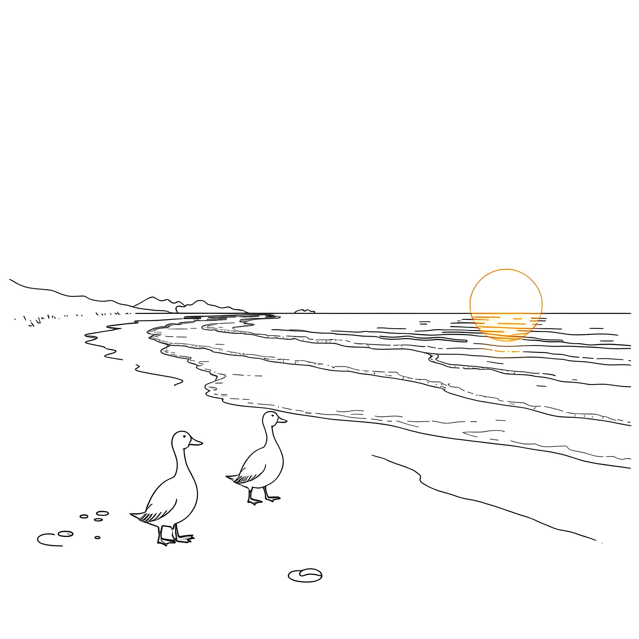 Ducks exploring the beach at sunset Coloring Page (free black-and-white line drawing printable PDF for all, from beginners to advanced learners, including children, teens, adults, and seniors)