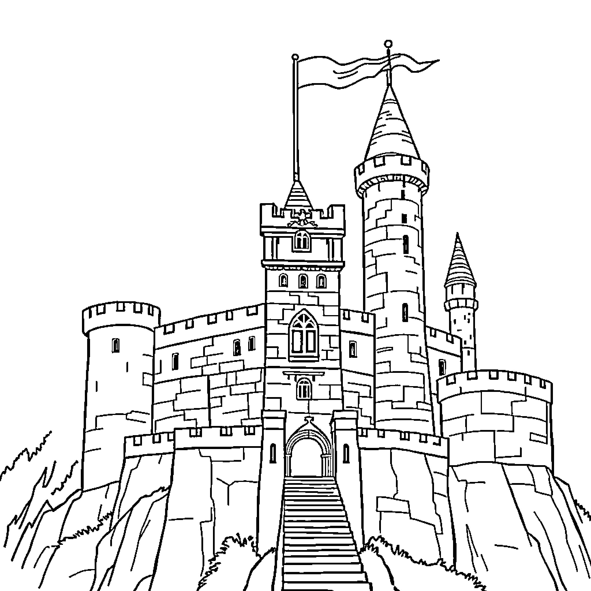 Castle with Towers and Flags on a Cliff Coloring Page (free black-and-white line drawing printable PDF for all, from beginners to advanced learners, including children, teens, adults, and seniors)