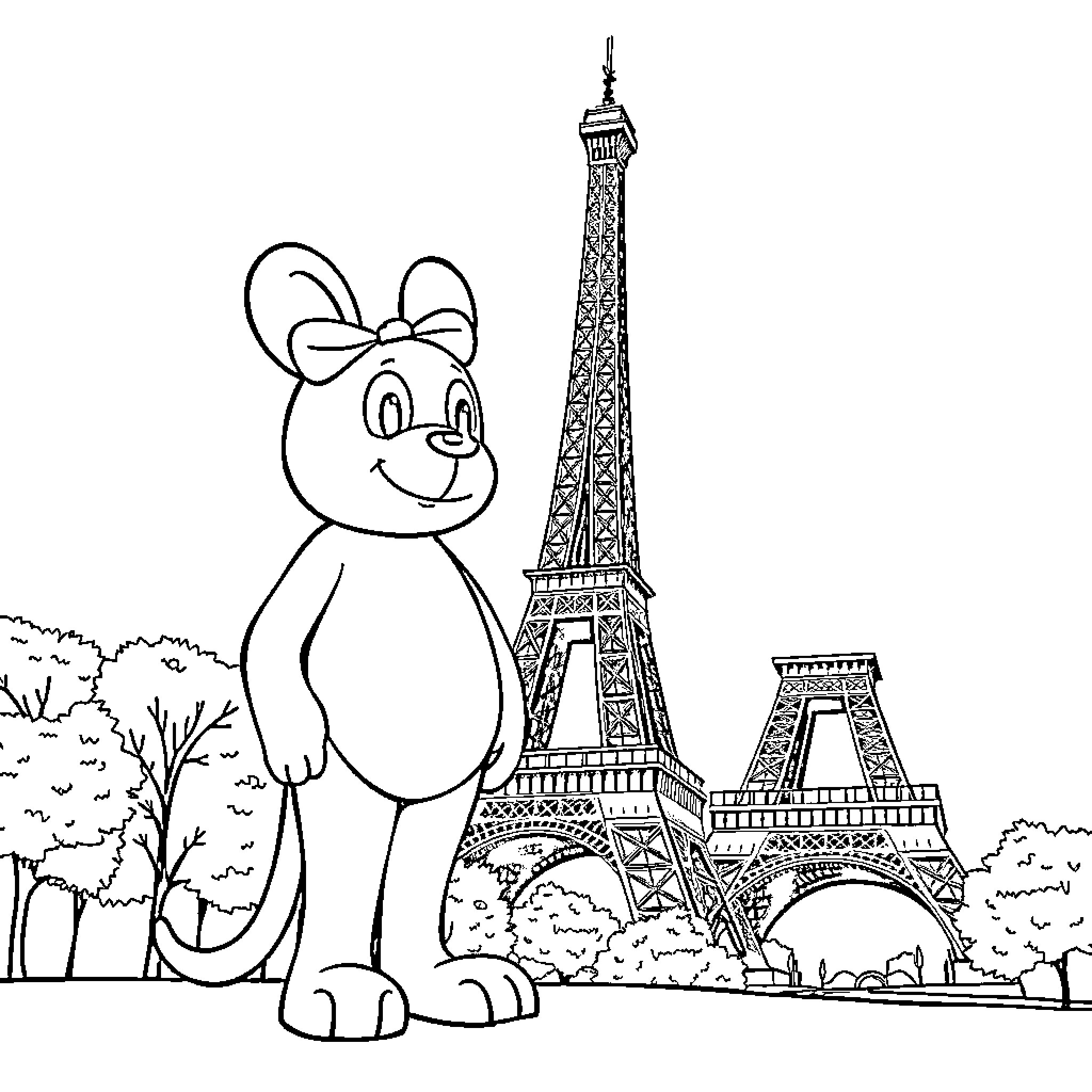Paw Patrol character visits the Eiffel Tower Coloring Page (free black-and-white line drawing printable PDF for all, from beginners to advanced learners, including children, teens, adults, and seniors)