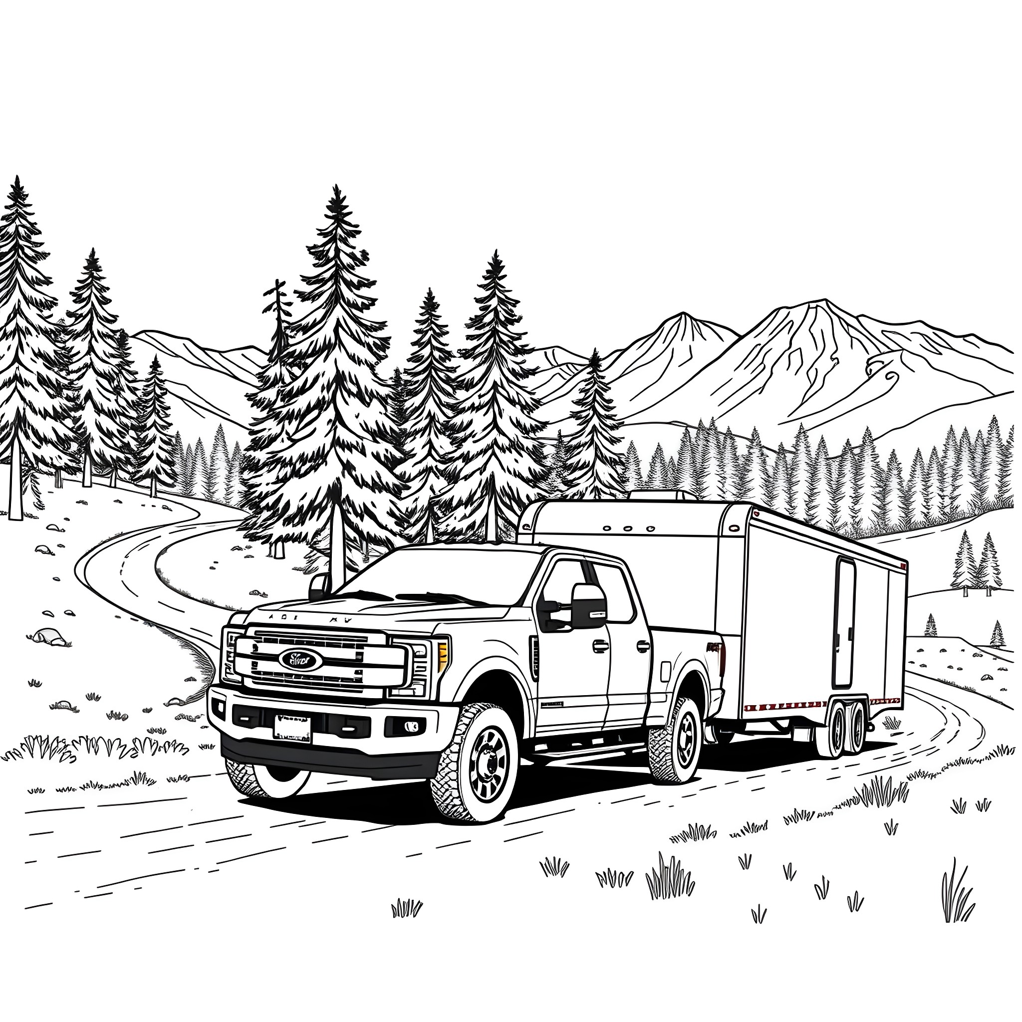 Pickup Truck Traversing Scenic Mountain Road Coloring Page (free black-and-white line drawing printable PDF for all, from beginners to advanced learners, including children, teens, adults, and seniors)