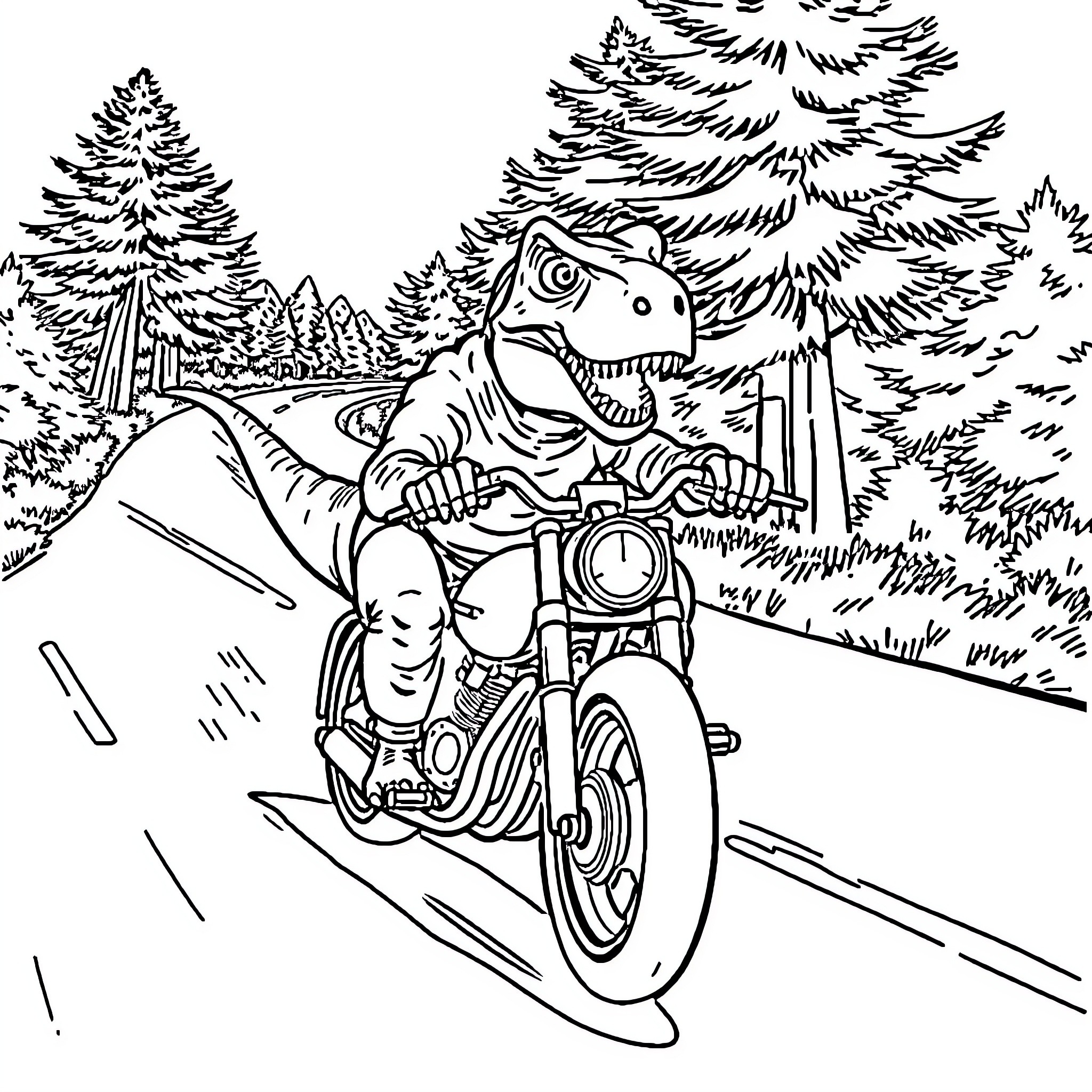 T-Rex riding motorcycle through forest landscape Coloring Page (free black-and-white line drawing printable PDF for all, from beginners to advanced learners, including children, teens, adults, and seniors)