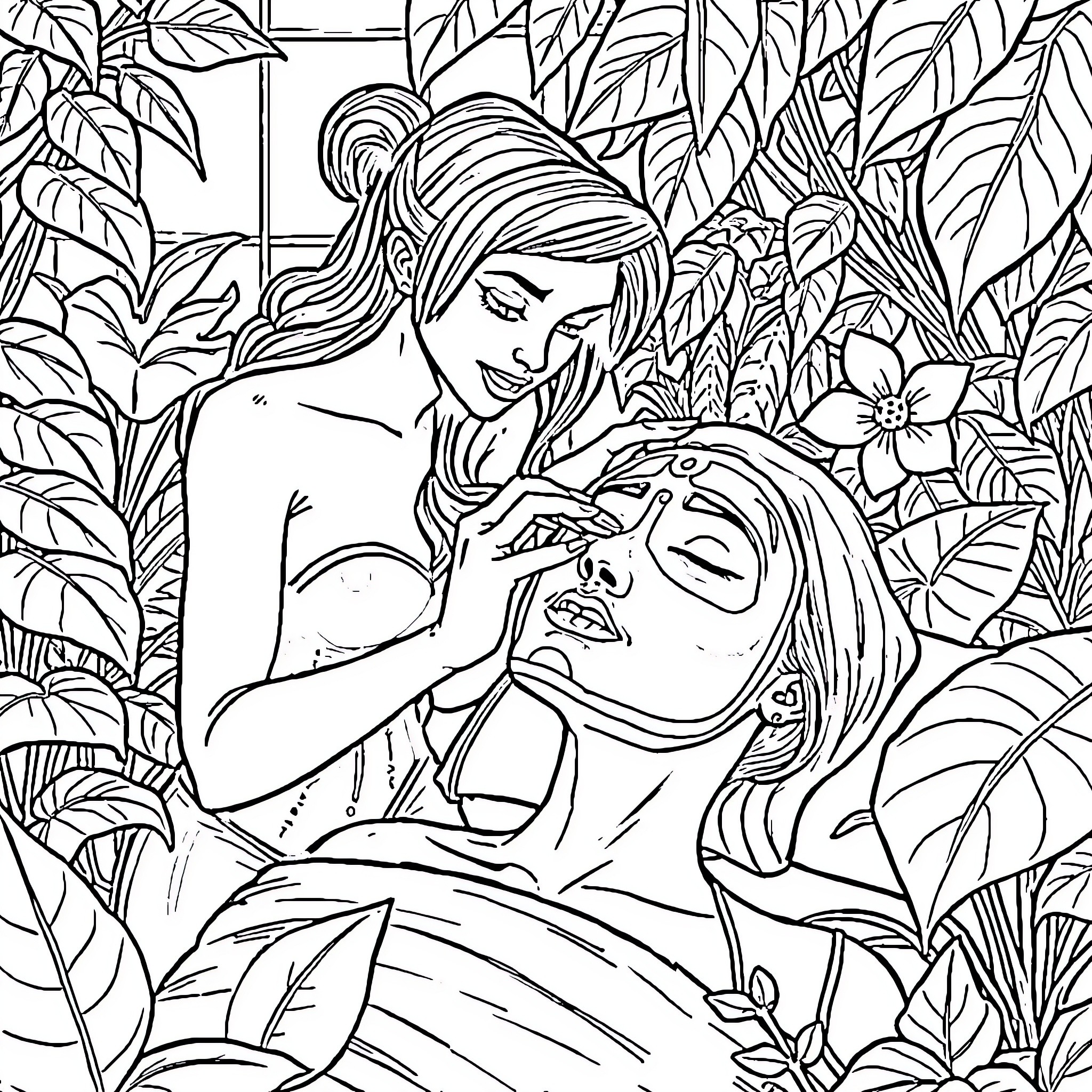Poison Ivy comforting a troubled woman in the garden Coloring Page (free black-and-white line drawing printable PDF for all, from beginners to advanced learners, including children, teens, adults, and seniors)