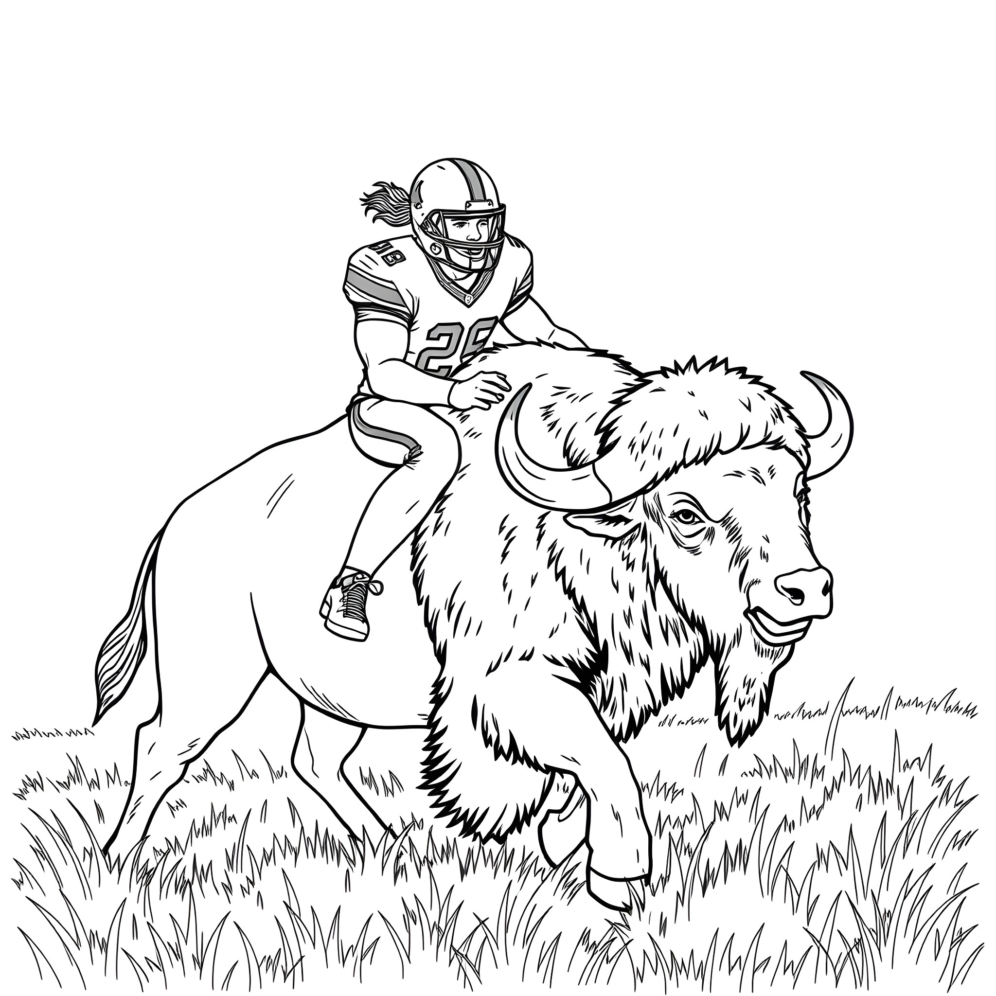 Josh Allen riding a charging bison on the field Coloring Page (free black-and-white line drawing printable PDF for all, from beginners to advanced learners, including children, teens, adults, and seniors)