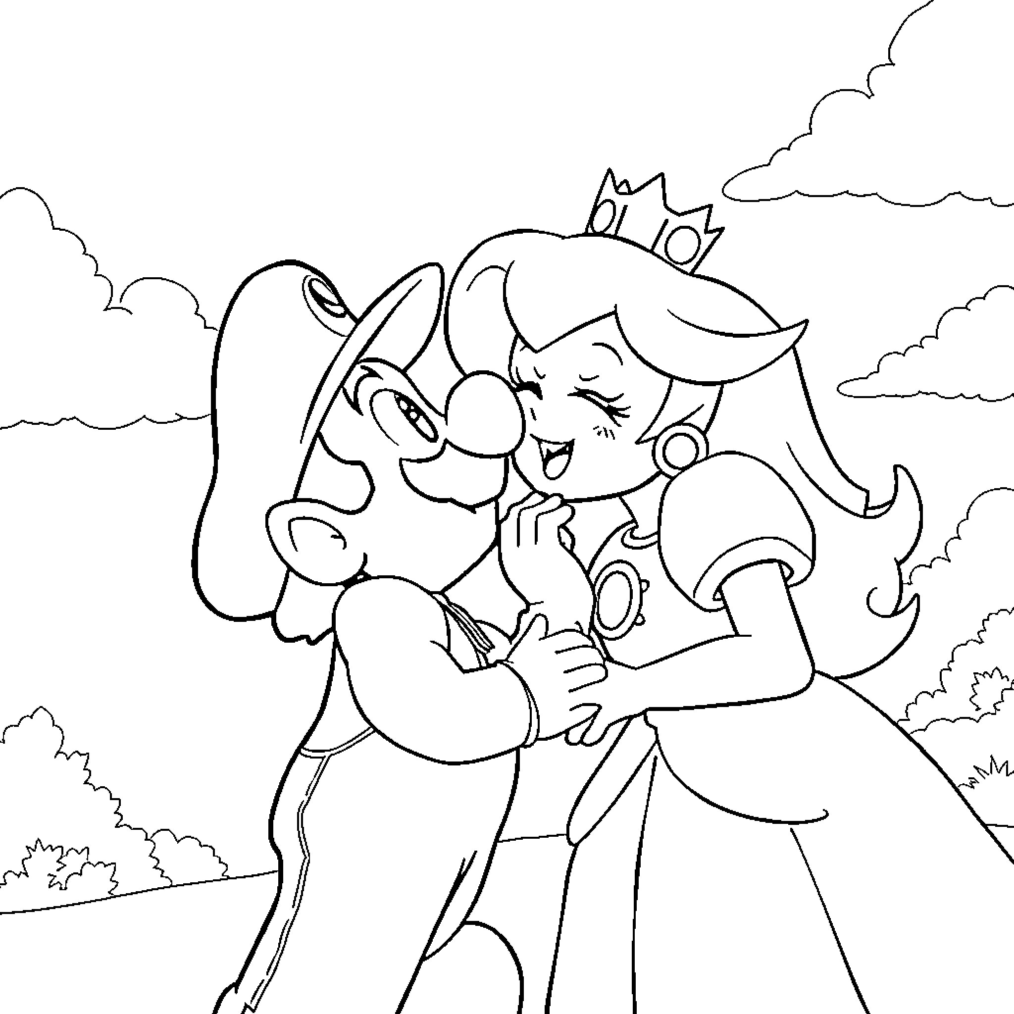 Mario and Princess Embracing in Cartoon Landscape Coloring Page (free black-and-white line drawing printable PDF for all, from beginners to advanced learners, including children, teens, adults, and seniors)