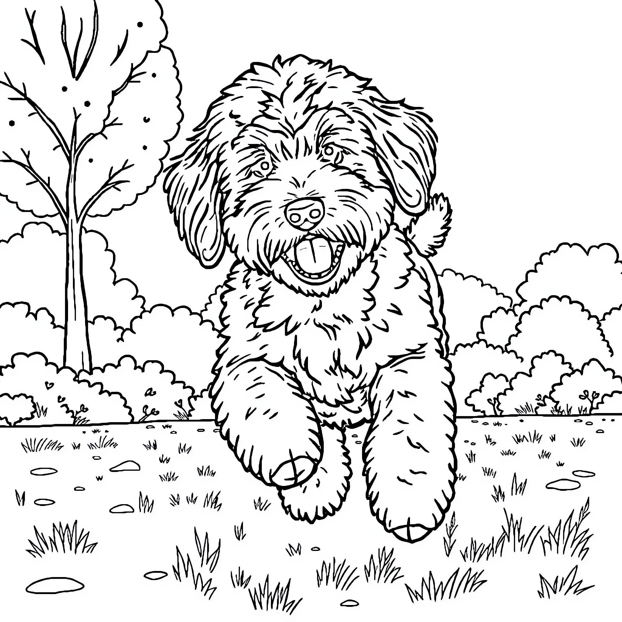 Labradoodle playing happily in the park Coloring Page (free black-and-white line drawing printable PDF for all, from beginners to advanced learners, including children, teens, adults, and seniors)