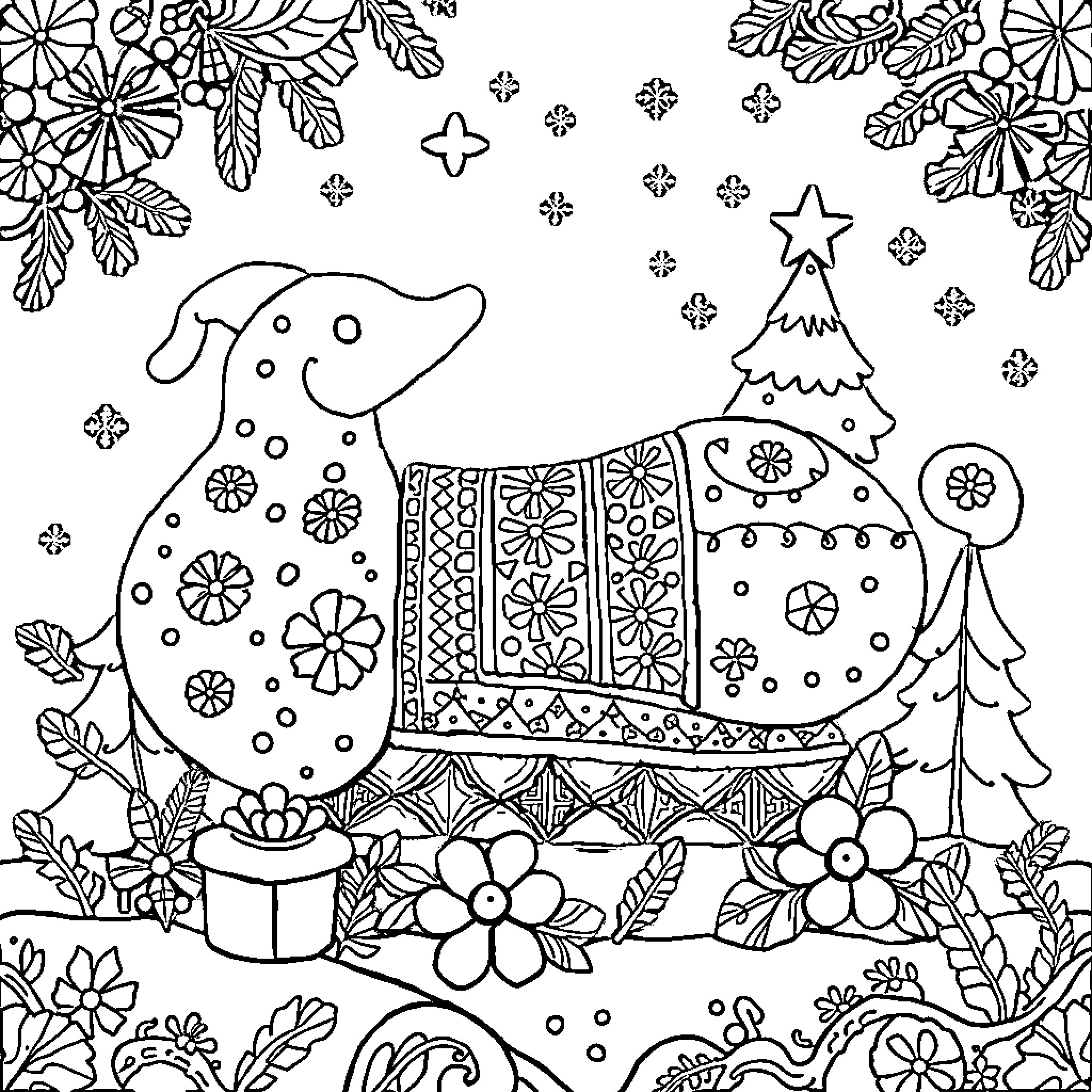 Christmas Stitch Adorned with Festive Patterns and Decorations Coloring Page (free black-and-white line drawing printable PDF for all, from beginners to advanced learners, including children, teens, adults, and seniors)