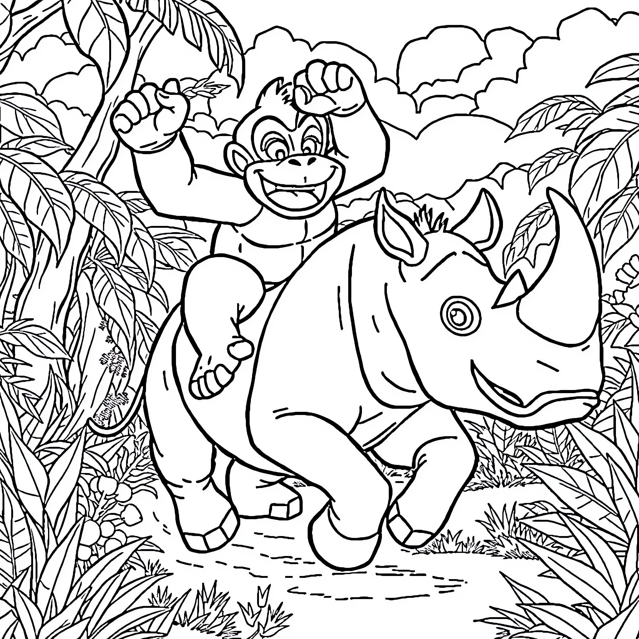 Donkey Kong riding a rhino in the jungle Coloring Page (free black-and-white line drawing printable PDF for all, from beginners to advanced learners, including children, teens, adults, and seniors)