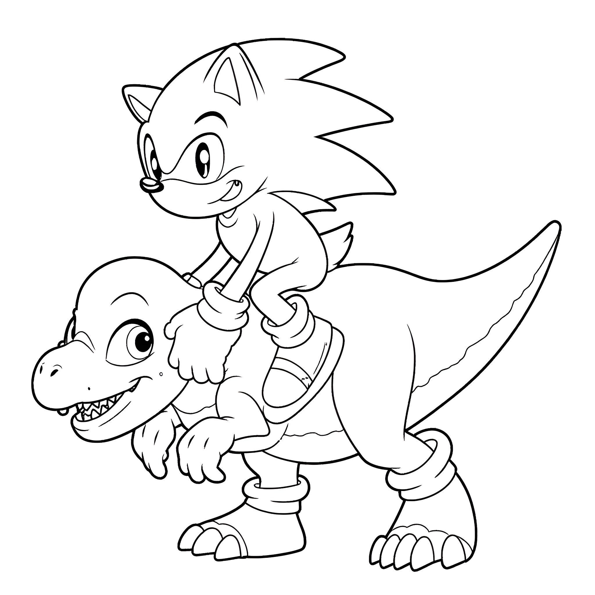 Sonic riding a friendly dinosaur Coloring Page (free black-and-white line drawing printable PDF for all, from beginners to advanced learners, including children, teens, adults, and seniors)