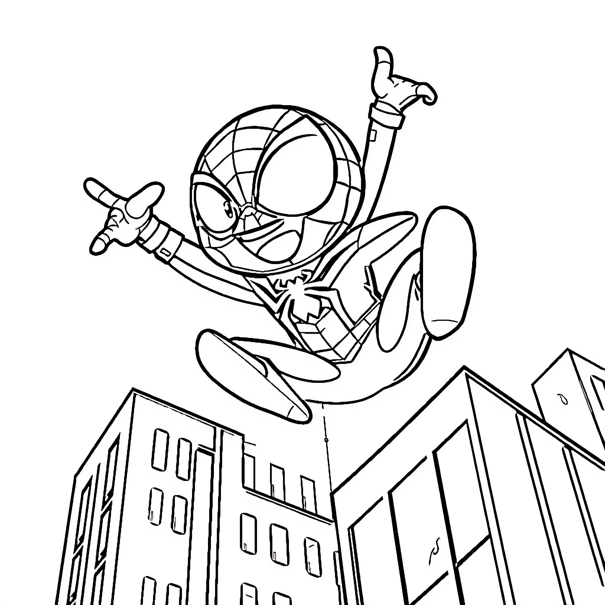 Spiderman swinging through the city Coloring Page (free black-and-white line drawing printable PDF for all, from beginners to advanced learners, including children, teens, adults, and seniors)