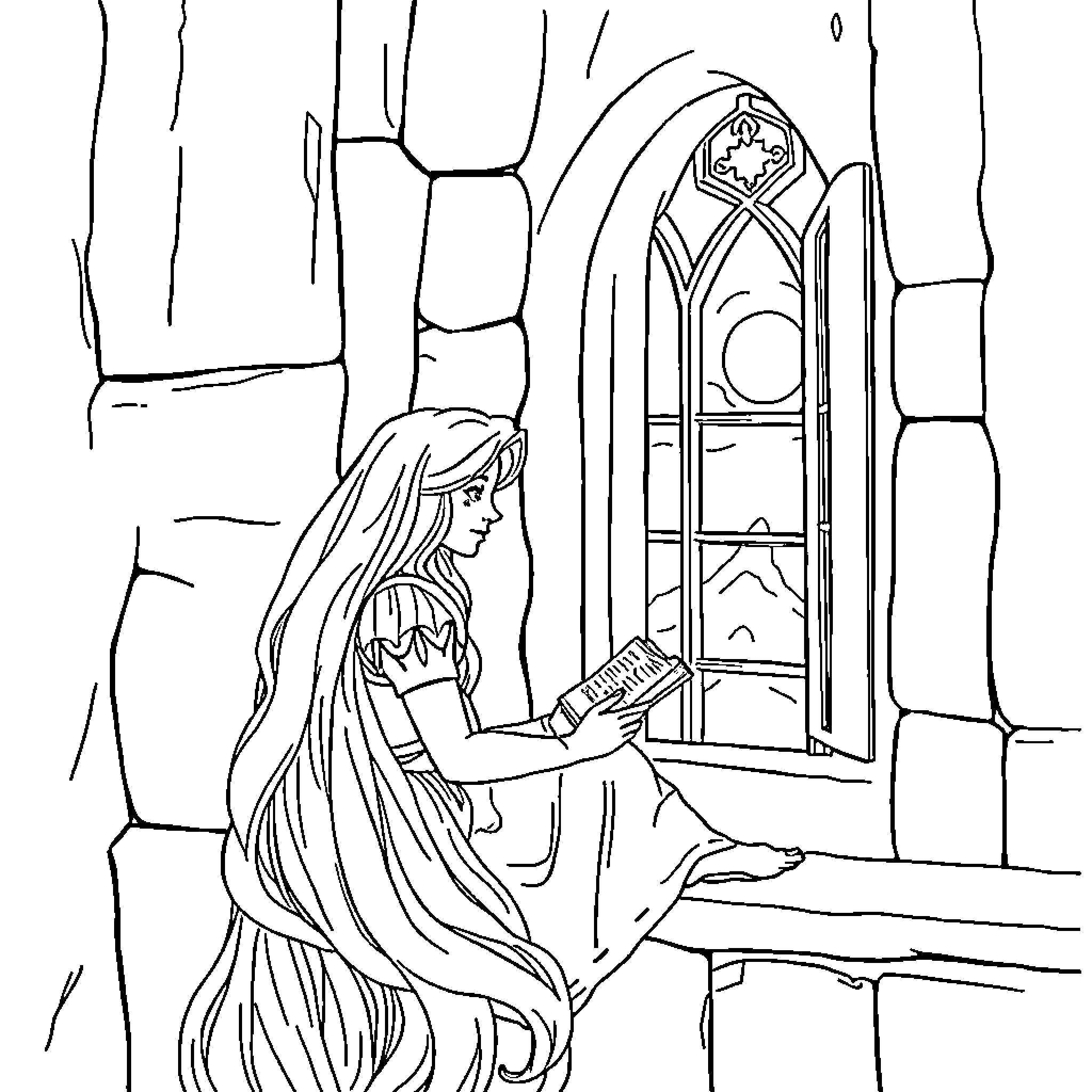 Rapunzel reading a book in the castle tower Coloring Page (free black-and-white line drawing printable PDF for all, from beginners to advanced learners, including children, teens, adults, and seniors)