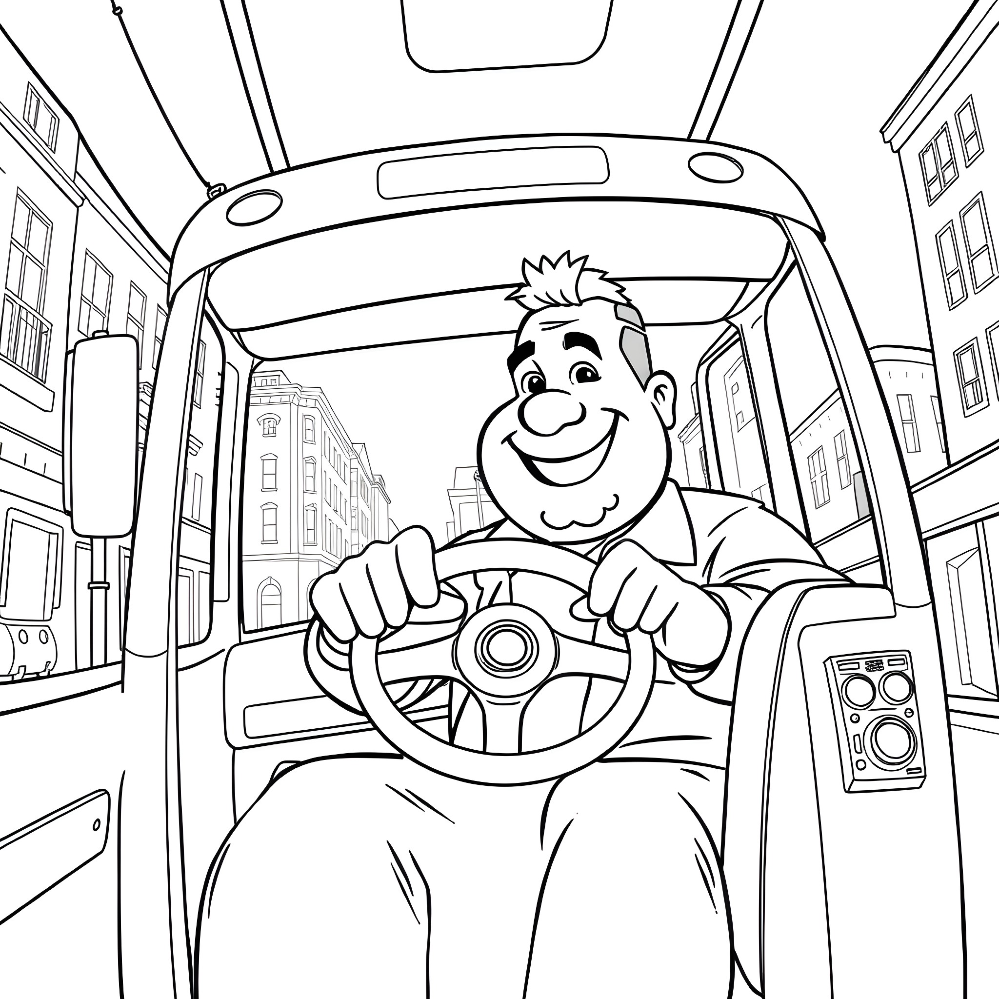 Guy driving a bus cheerfully through the city Coloring Page (free black-and-white line drawing printable PDF for all, from beginners to advanced learners, including children, teens, adults, and seniors)