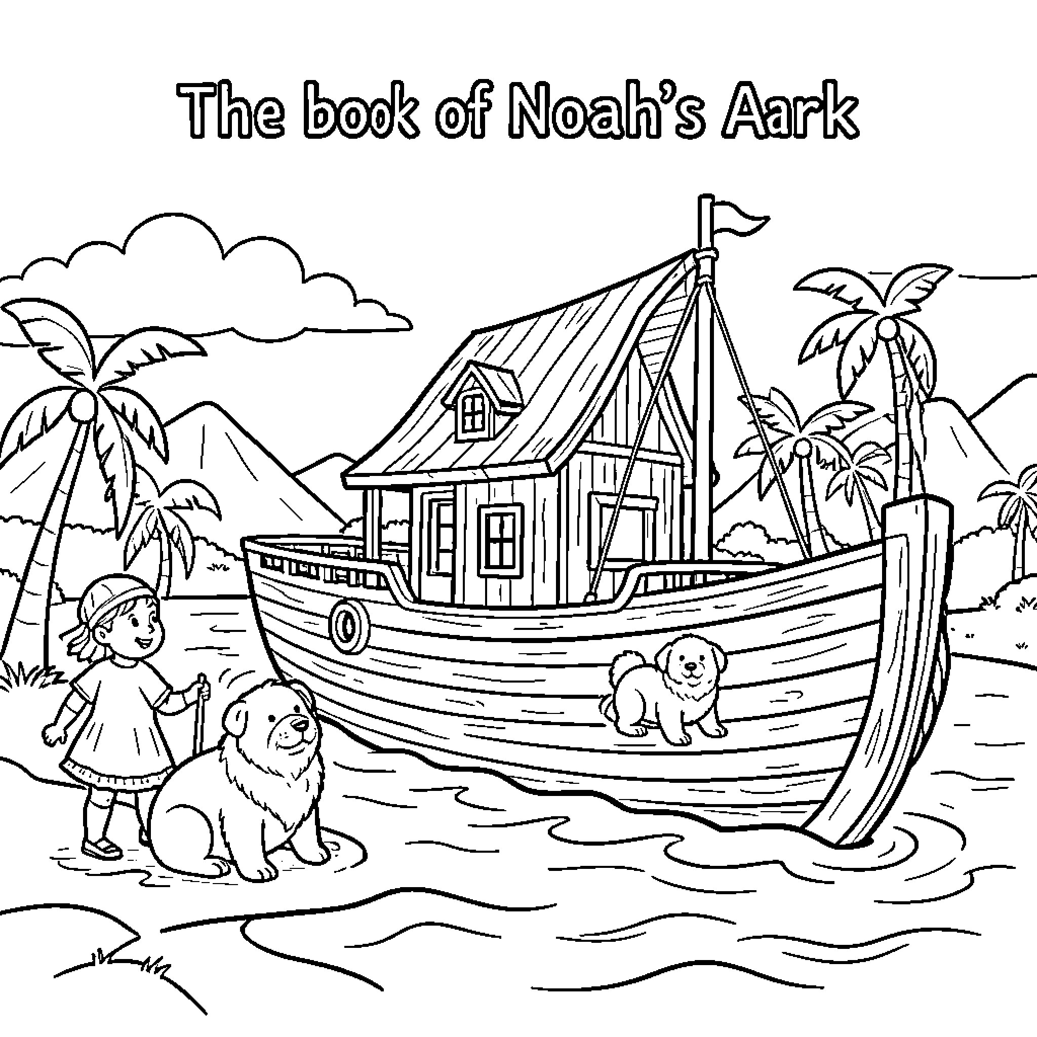 Noah's Ark with a child and animals near the shore Coloring Page (free black-and-white line drawing printable PDF for all, from beginners to advanced learners, including children, teens, adults, and seniors)