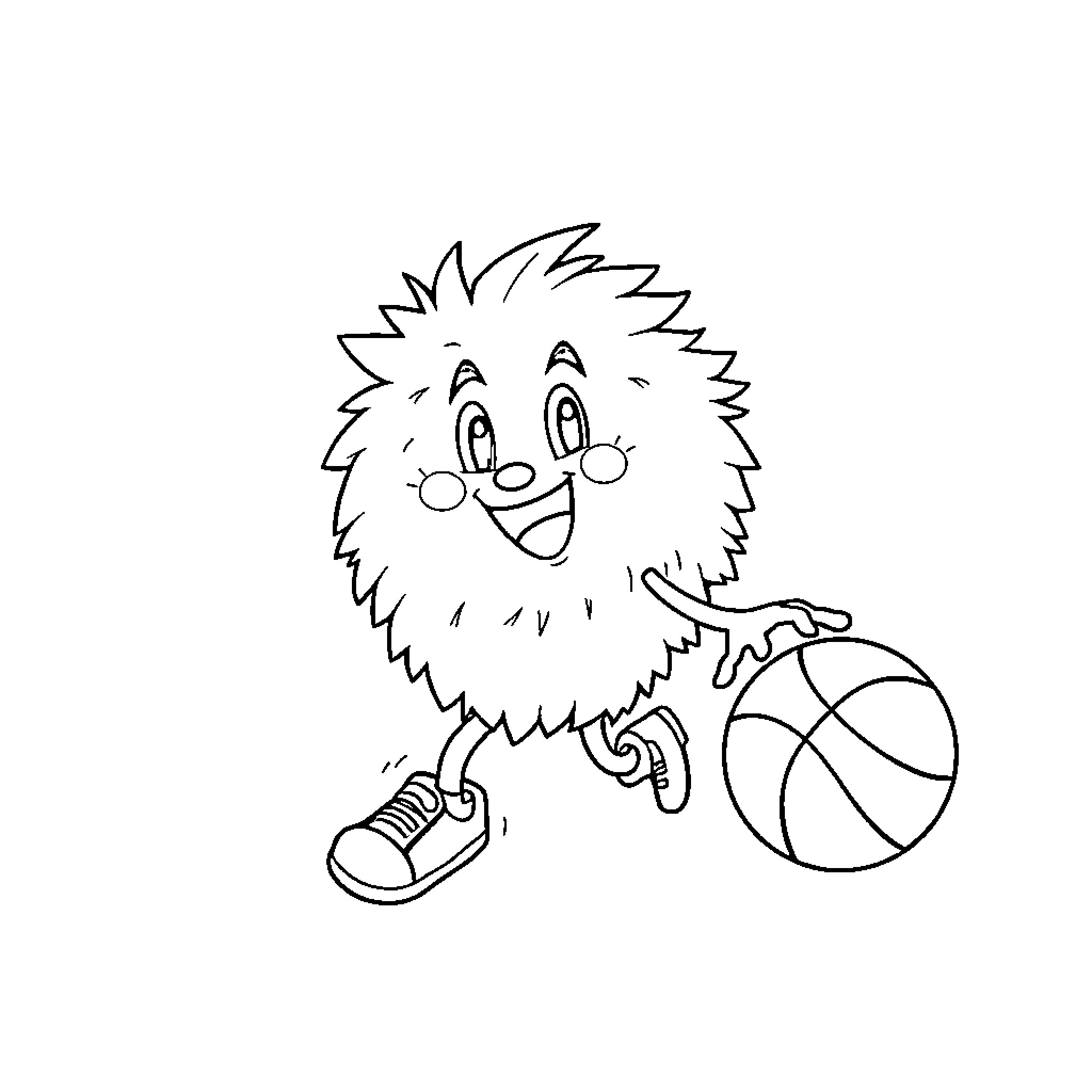 Pom Pom Dribbling and Bouncing Basketball Coloring Page (free black-and-white line drawing printable PDF for all, from beginners to advanced learners, including children, teens, adults, and seniors)