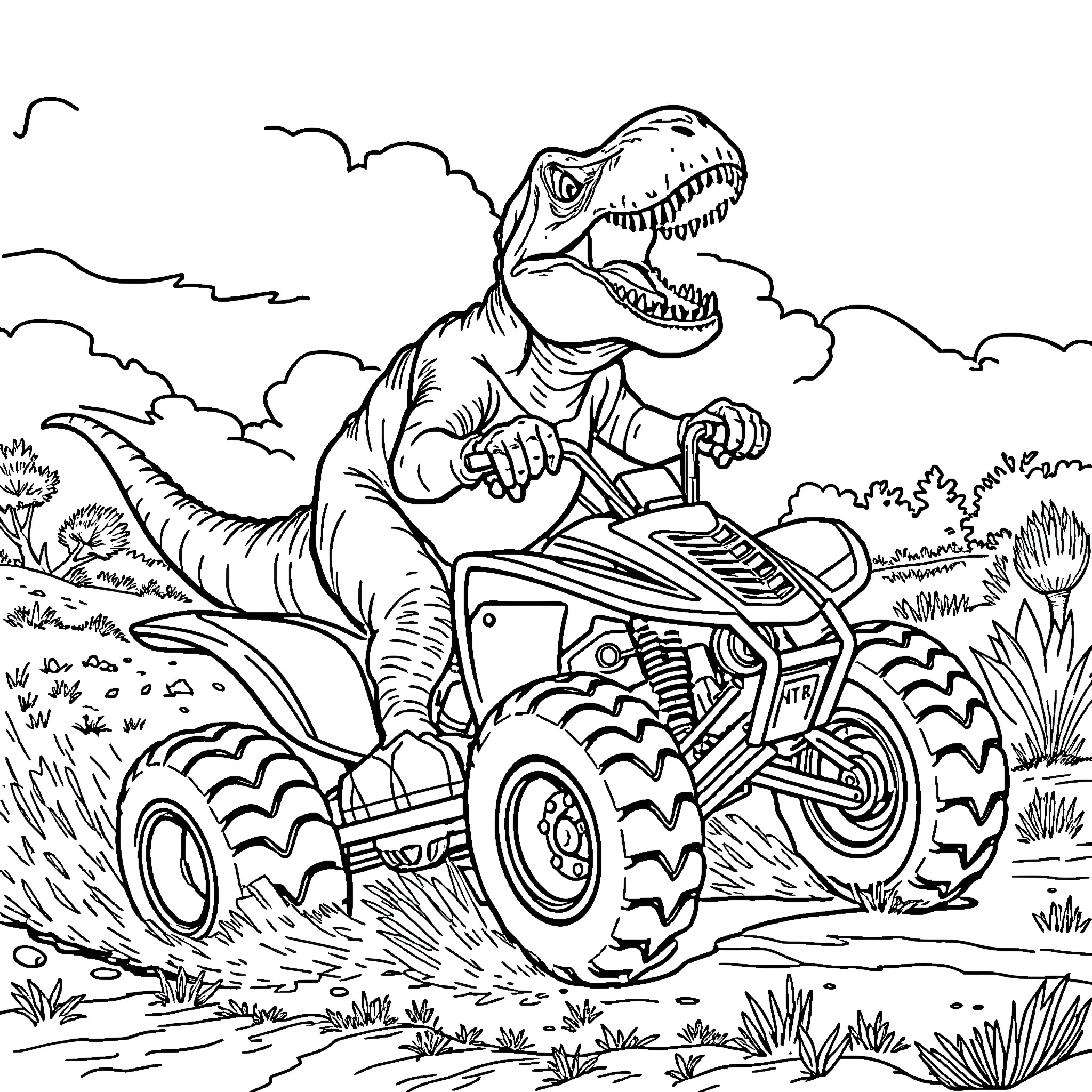 T-Rex riding an all-terrain vehicle through the wilderness Coloring Page (free black-and-white line drawing printable PDF for all, from beginners to advanced learners, including children, teens, adults, and seniors)