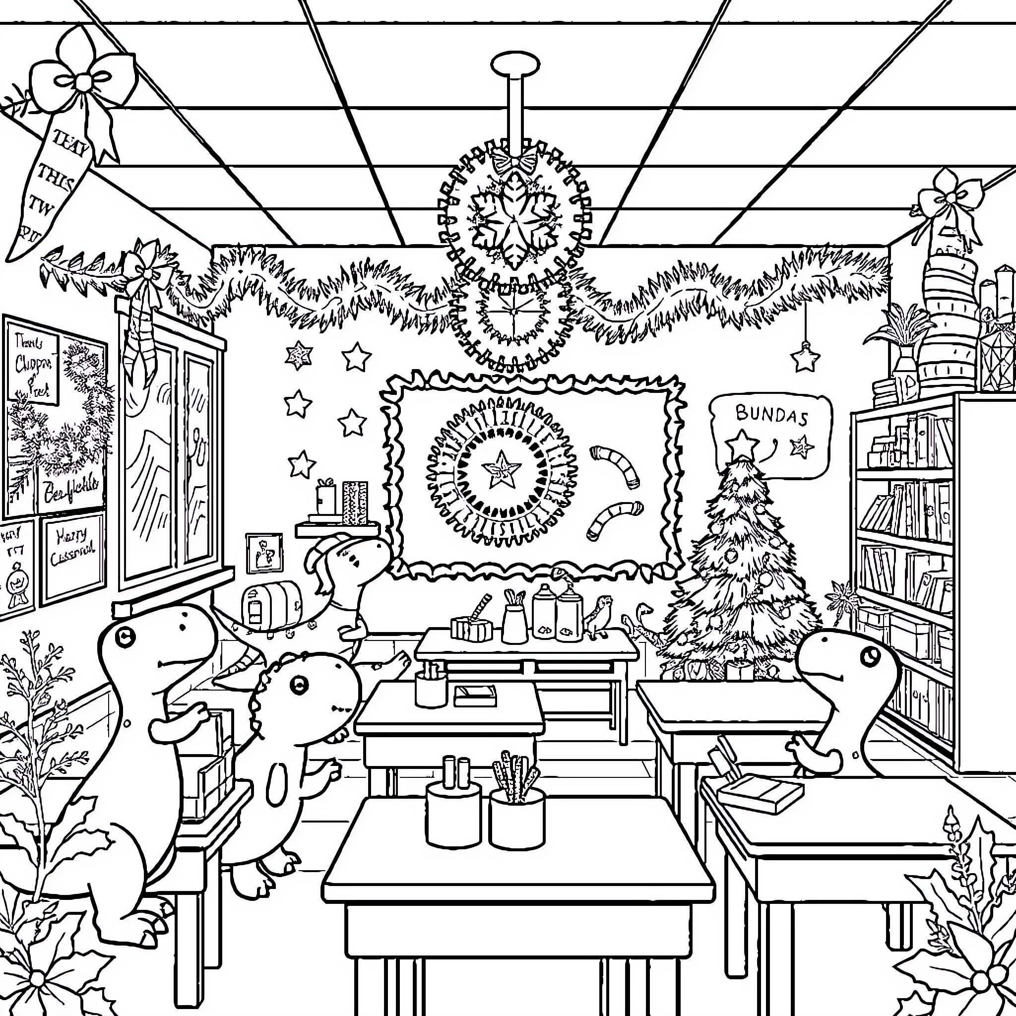 Dinosaur Preparing for Holiday Celebrations in Classroom Coloring Page (free black-and-white line drawing printable PDF for all, from beginners to advanced learners, including children, teens, adults, and seniors)