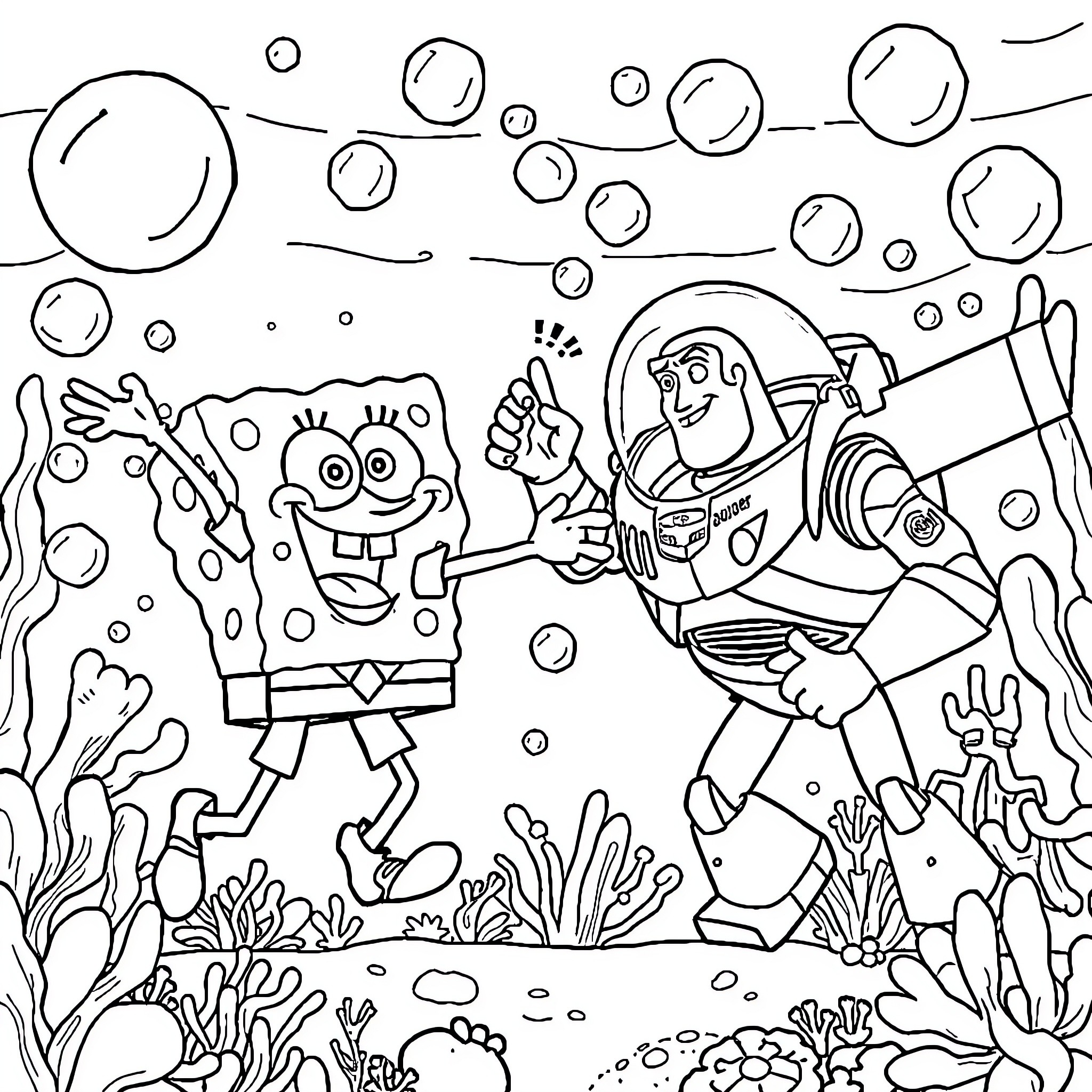 Spongebob and Buzz Lightyear playing underwater Coloring Page (free black-and-white line drawing printable PDF for all, from beginners to advanced learners, including children, teens, adults, and seniors)