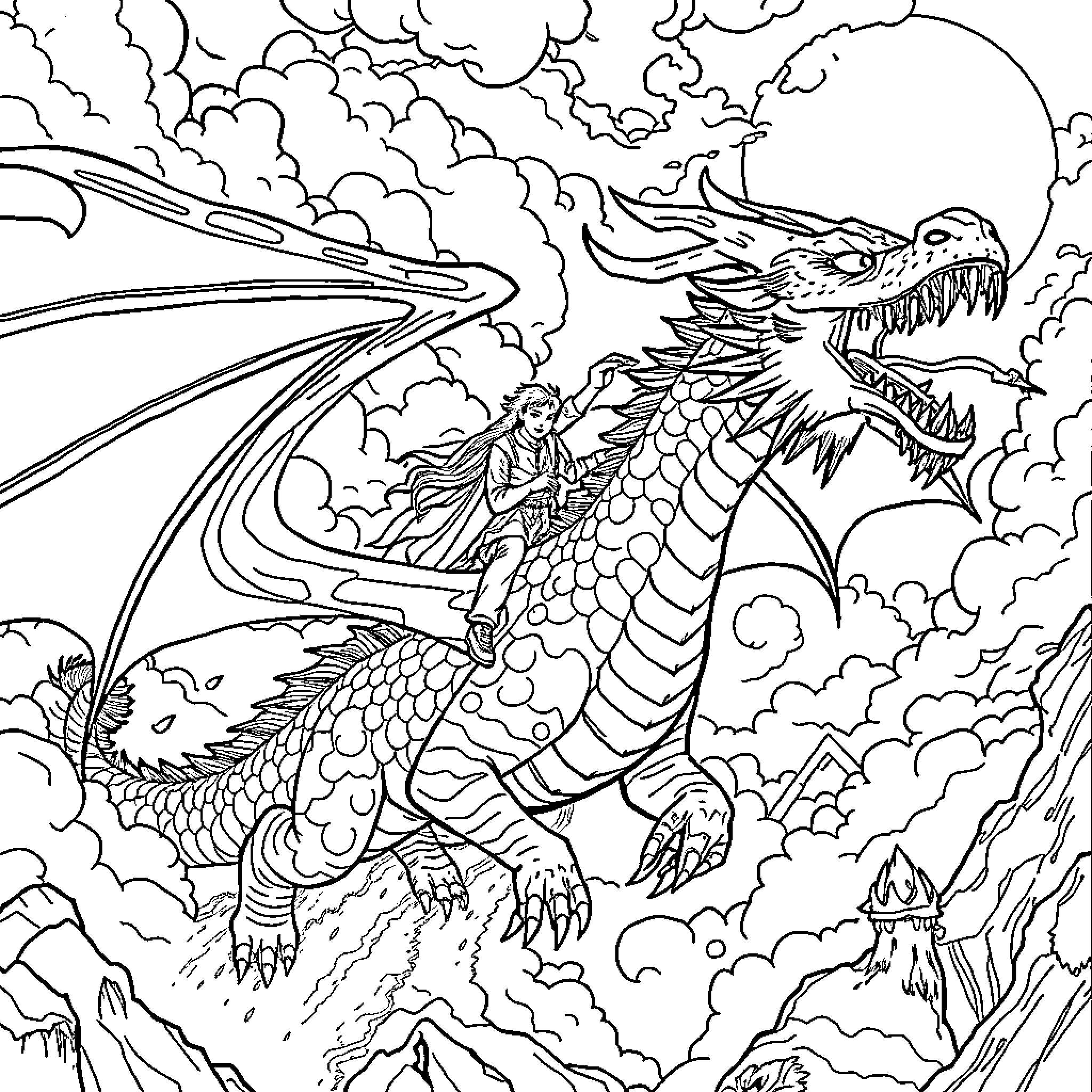 Dragon soaring through the stormy sky Coloring Page (free black-and-white line drawing printable PDF for all, from beginners to advanced learners, including children, teens, adults, and seniors)