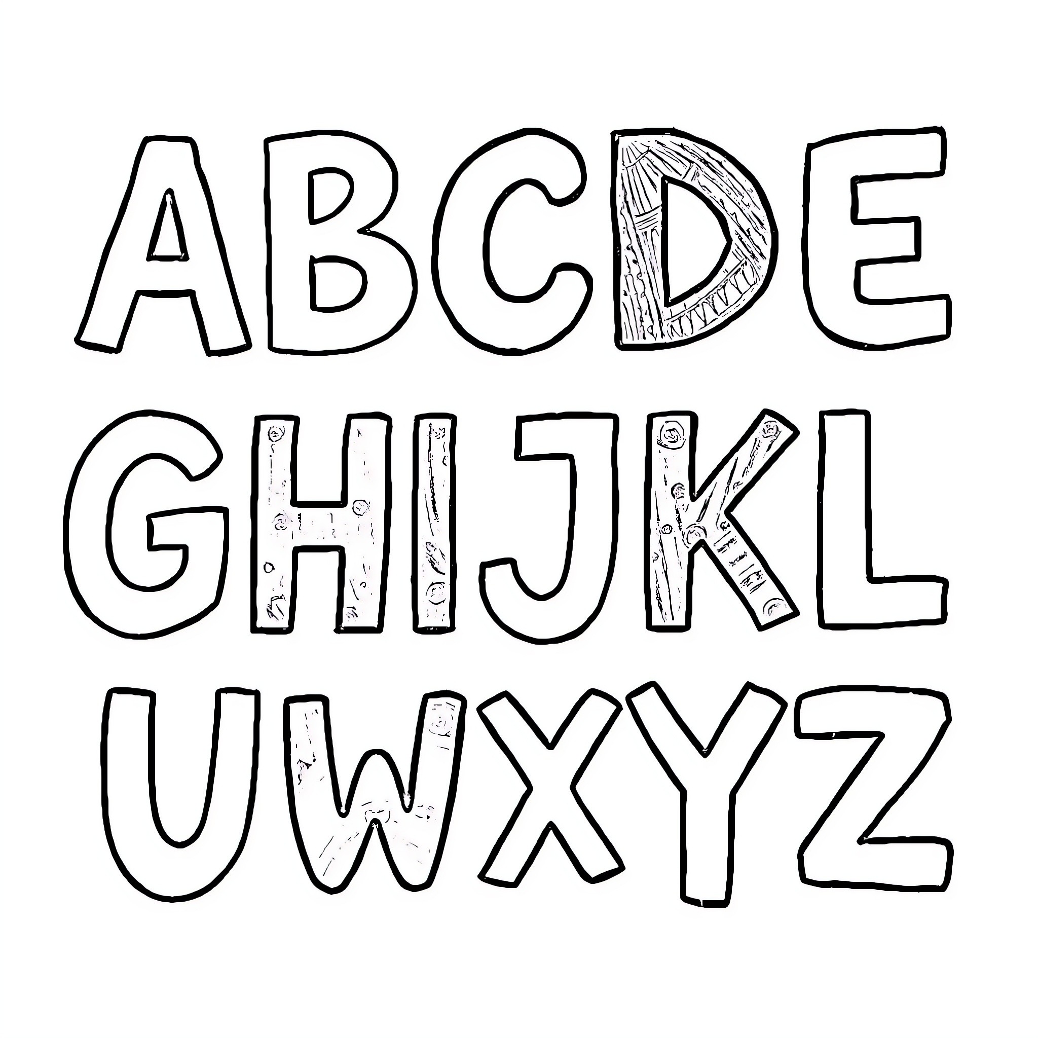 ABC Playful Alphabet Letters Coloring Page (free black-and-white line drawing printable PDF for all, from beginners to advanced learners, including children, teens, adults, and seniors)
