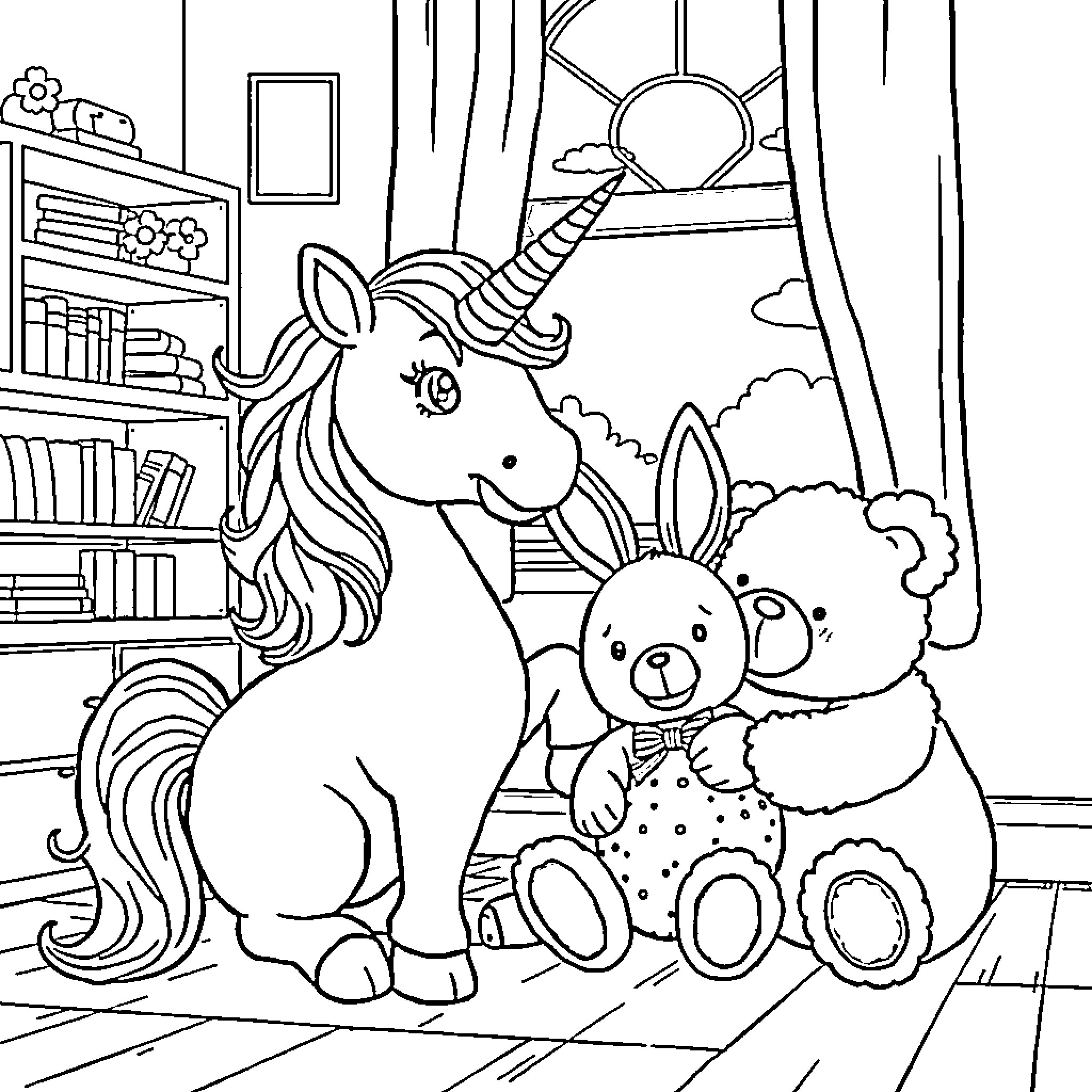Stuffed Animal Unicorn and Lamb in Cozy Home Coloring Page (free black-and-white line drawing printable PDF for all, from beginners to advanced learners, including children, teens, adults, and seniors)
