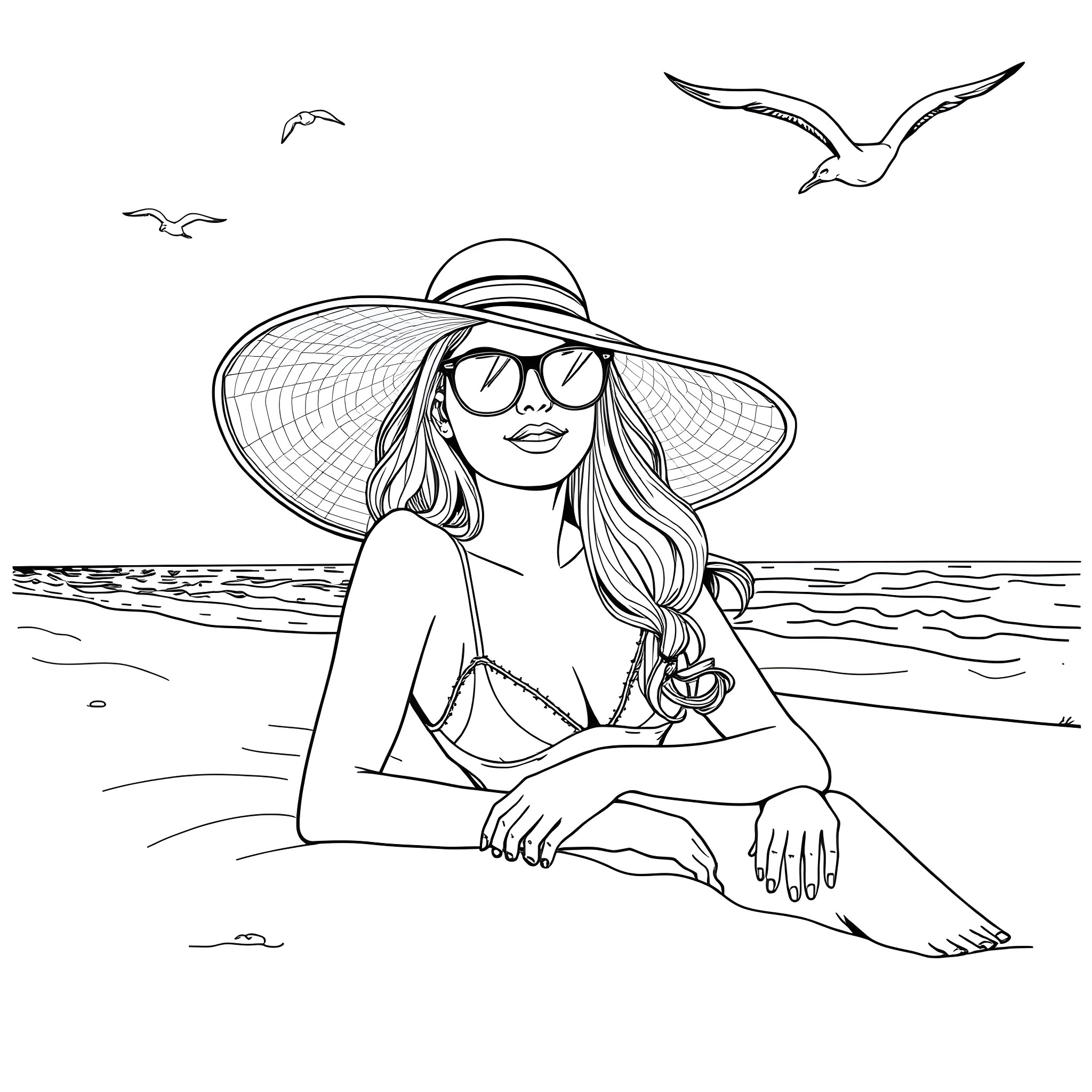 Girl relaxing on the beach with sunglasses and hat Coloring Page (free black-and-white line drawing printable PDF for all, from beginners to advanced learners, including children, teens, adults, and seniors)