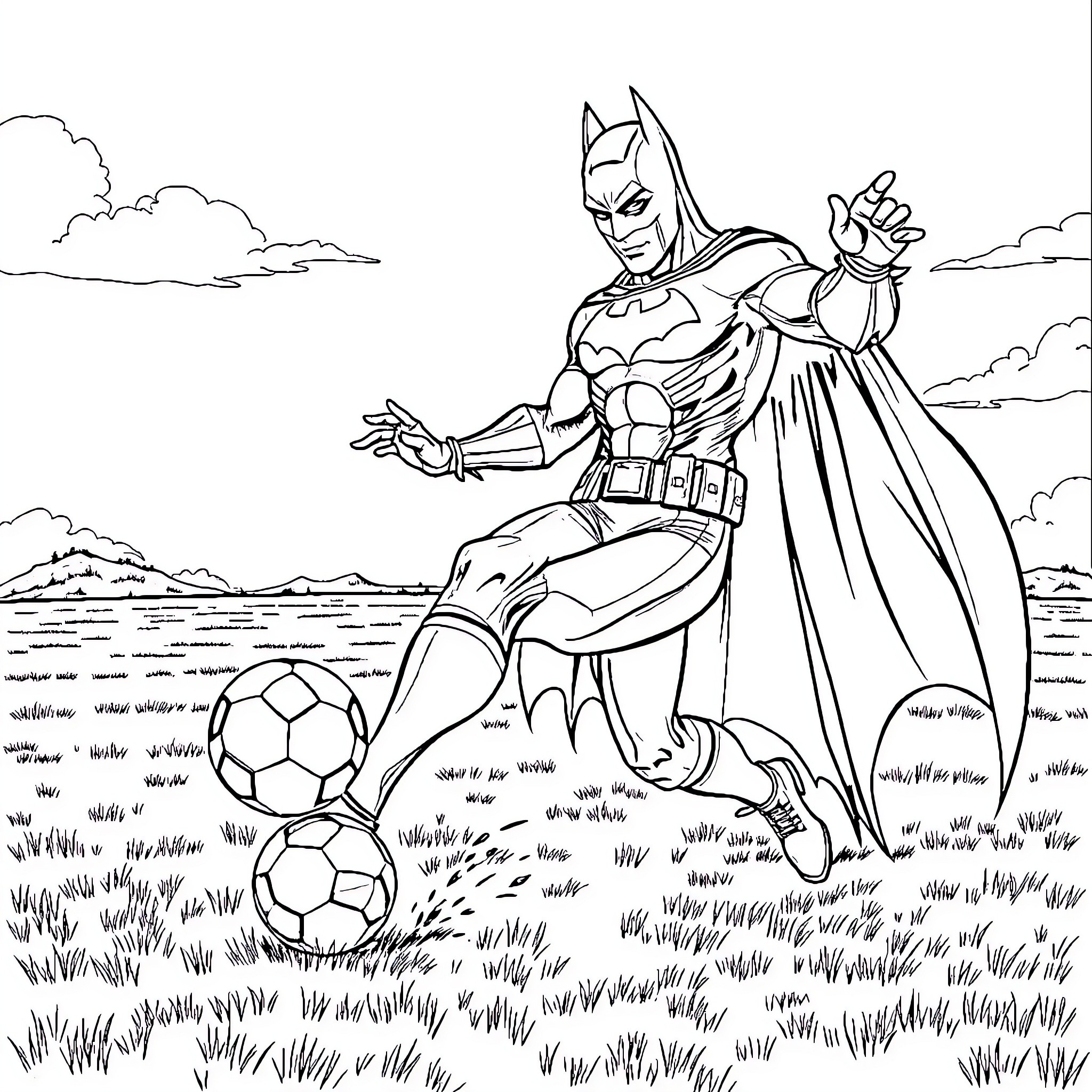 Batman playing soccer in the field Coloring Page (free black-and-white line drawing printable PDF for all, from beginners to advanced learners, including children, teens, adults, and seniors)