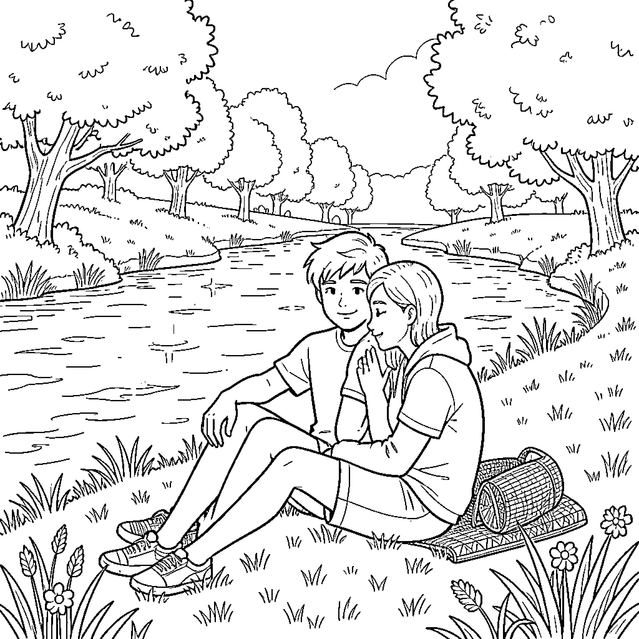 Couple enjoying a peaceful day outdoors Coloring Page (free black-and-white line drawing printable PDF for all, from beginners to advanced learners, including children, teens, adults, and seniors)