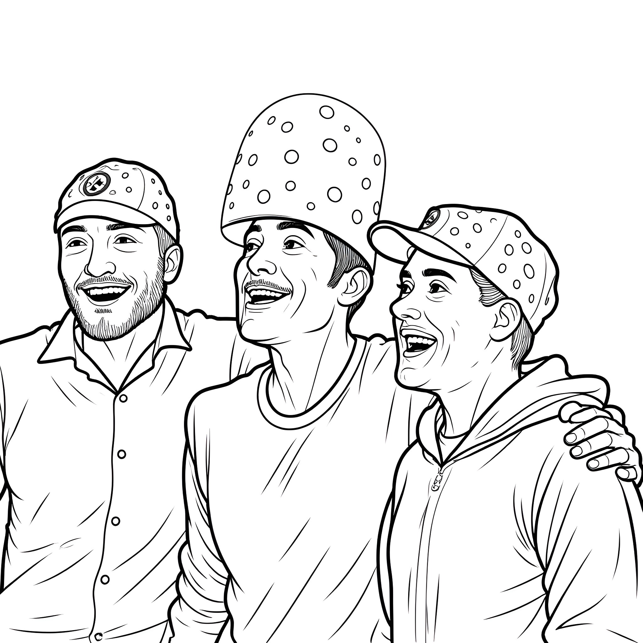 Cheese Head Teammates Celebrating Victory Coloring Page (free black-and-white line drawing printable PDF for all, from beginners to advanced learners, including children, teens, adults, and seniors)