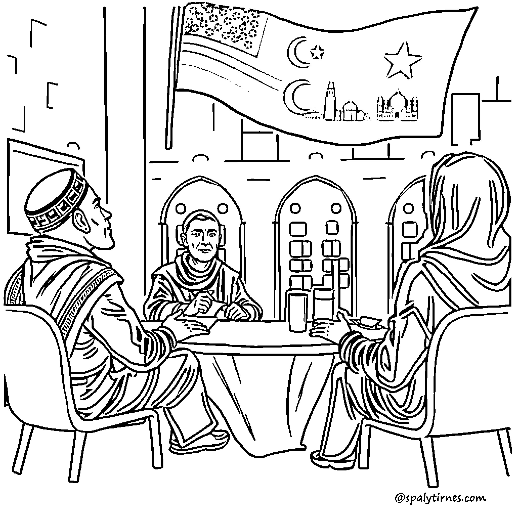 Sharia Law: Formal Meeting in Middle Eastern Setting Coloring Page (free black-and-white line drawing printable PDF for all, from beginners to advanced learners, including children, teens, adults, and seniors)
