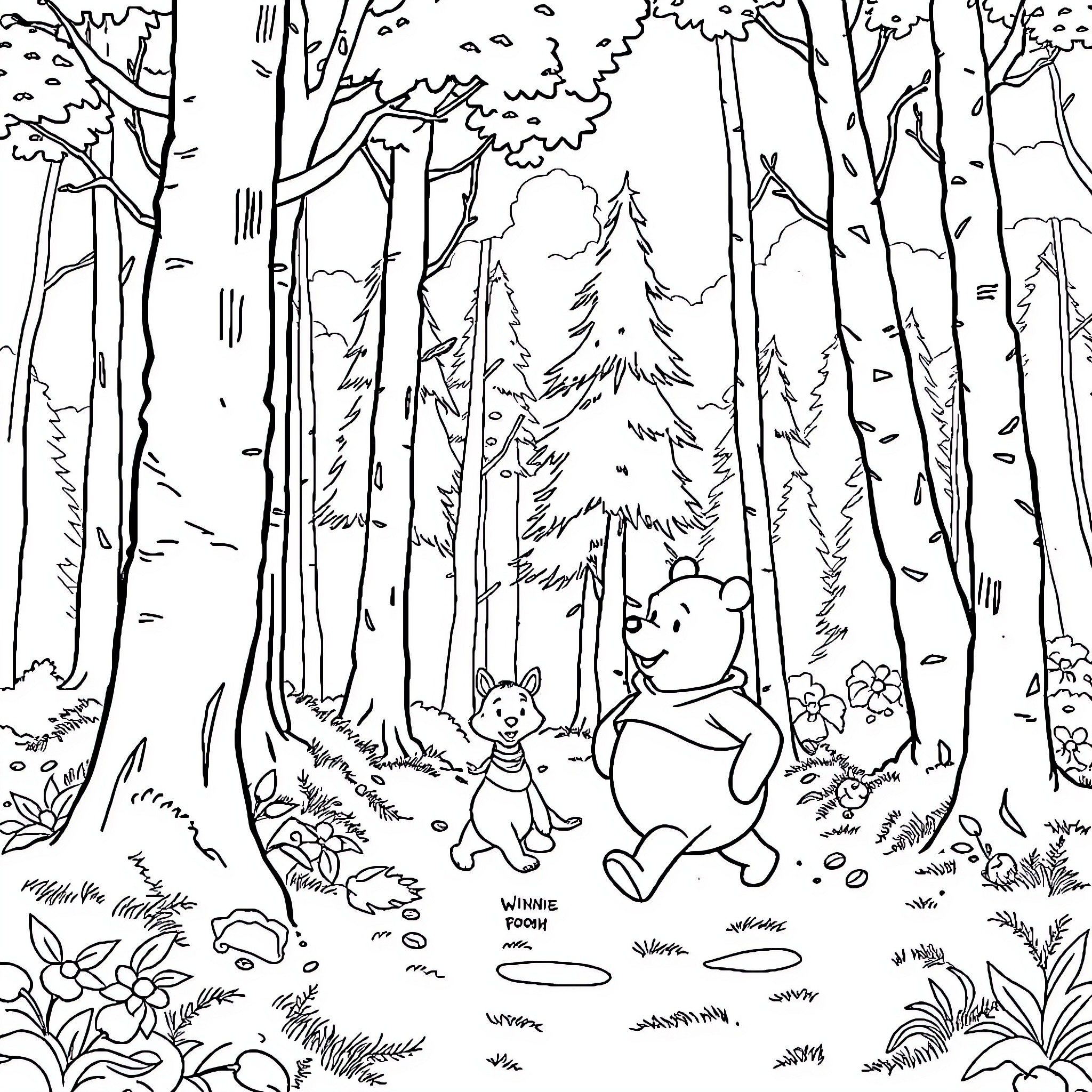 Winnie The Pooh and Piglet exploring the forest Coloring Page (free black-and-white line drawing printable PDF for all, from beginners to advanced learners, including children, teens, adults, and seniors)