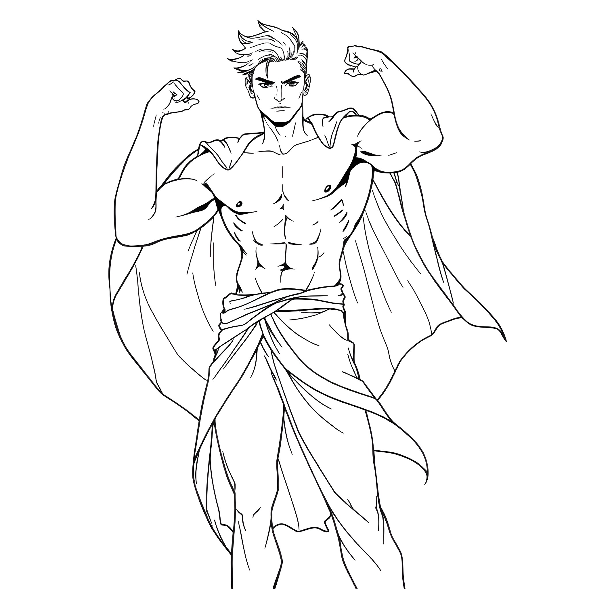 Man in heroic pose wearing toga Coloring Page (free black-and-white line drawing printable PDF for all, from beginners to advanced learners, including children, teens, adults, and seniors)