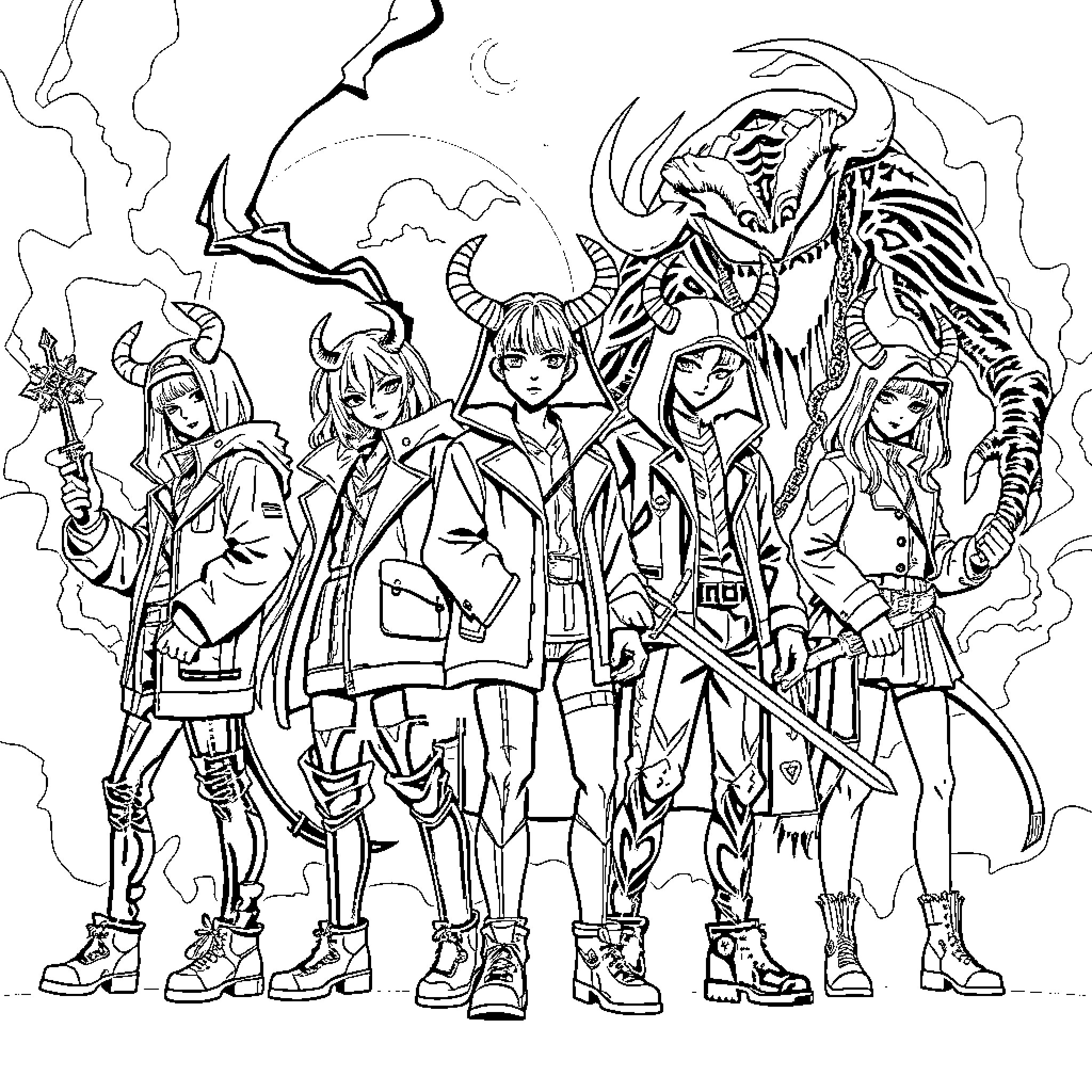 Demon Hunter Team Facing Fearsome Foe Coloring Page (free black-and-white line drawing printable PDF for all, from beginners to advanced learners, including children, teens, adults, and seniors)