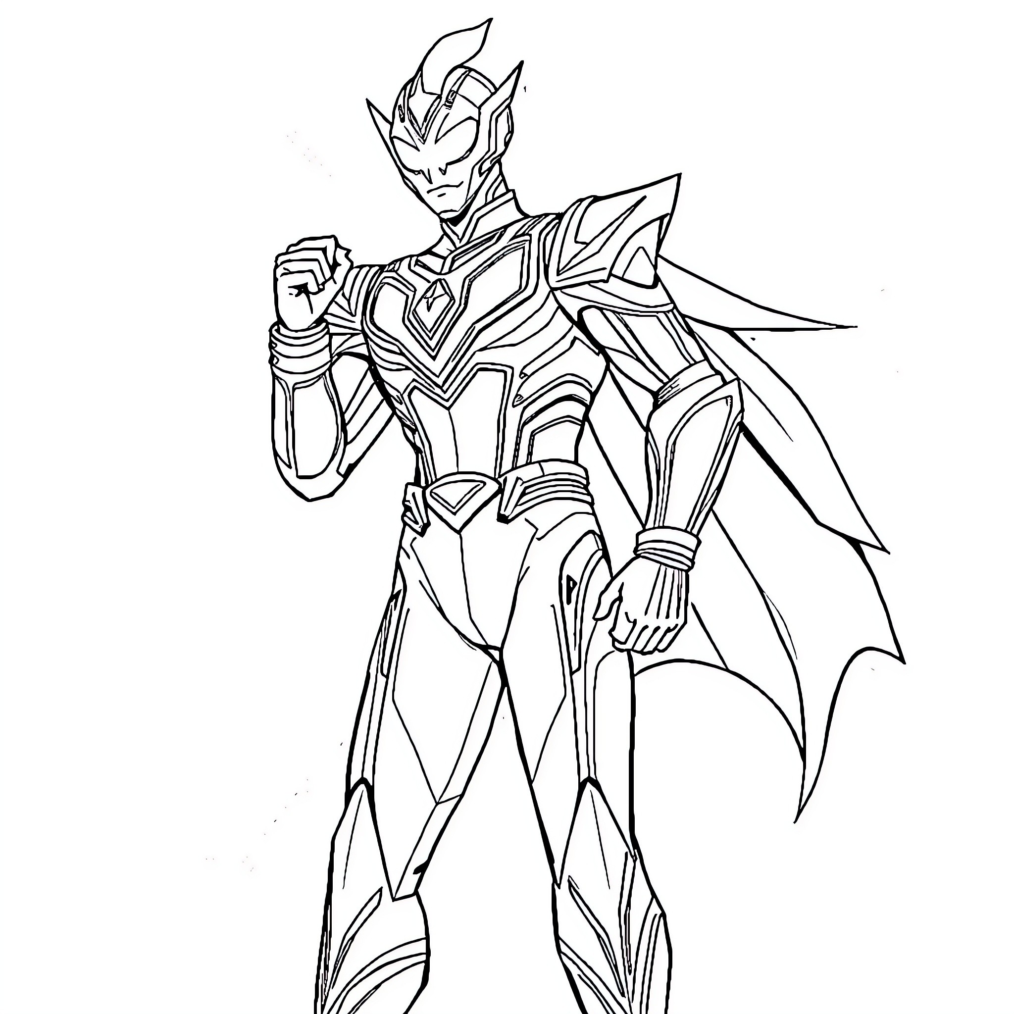 Ultraman Heroic Warrior in Futuristic Armor Coloring Page (free black-and-white line drawing printable PDF for all, from beginners to advanced learners, including children, teens, adults, and seniors)