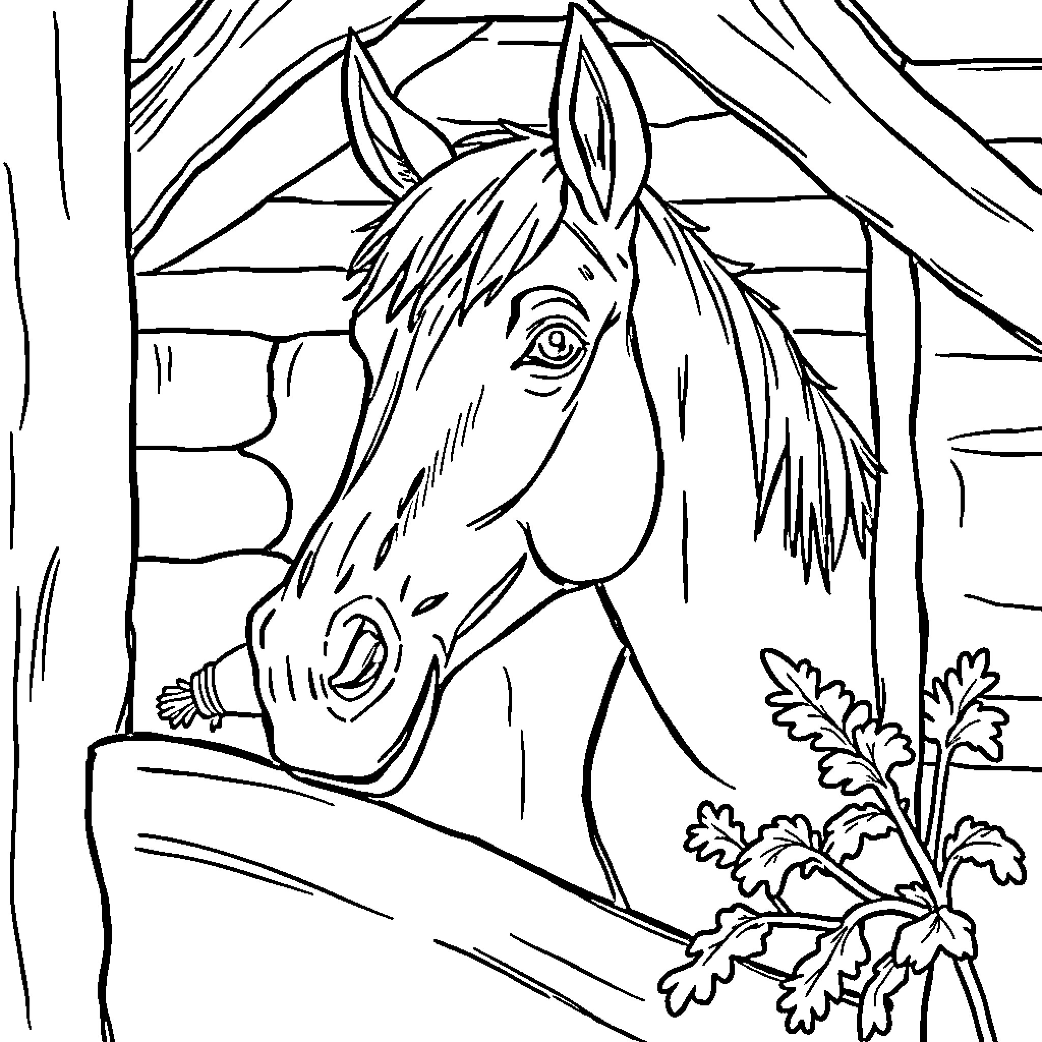 Horse in a natural setting Coloring Page (free black-and-white line drawing printable PDF for all, from beginners to advanced learners, including children, teens, adults, and seniors)