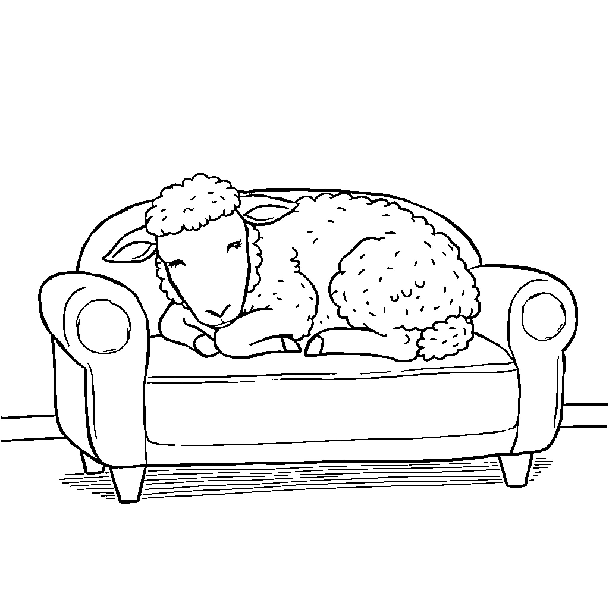 Sheep resting peacefully on couch Coloring Page (free black-and-white line drawing printable PDF for all, from beginners to advanced learners, including children, teens, adults, and seniors)